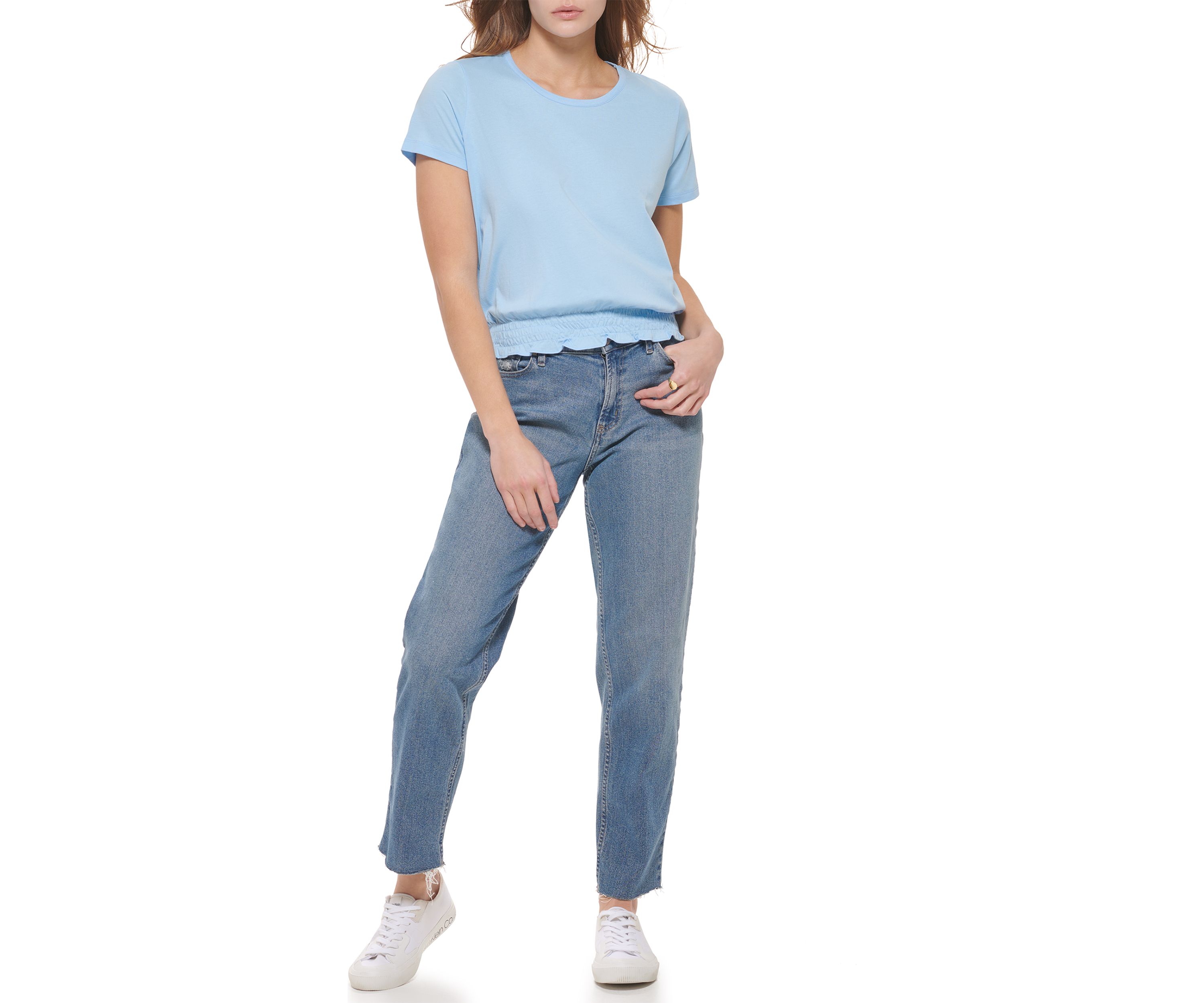 Womens Short Sleeve Smocked Waistband Top