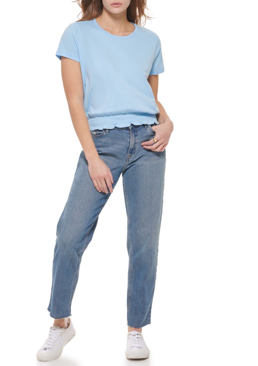 Womens Short Sleeve Smocked Waistband Top