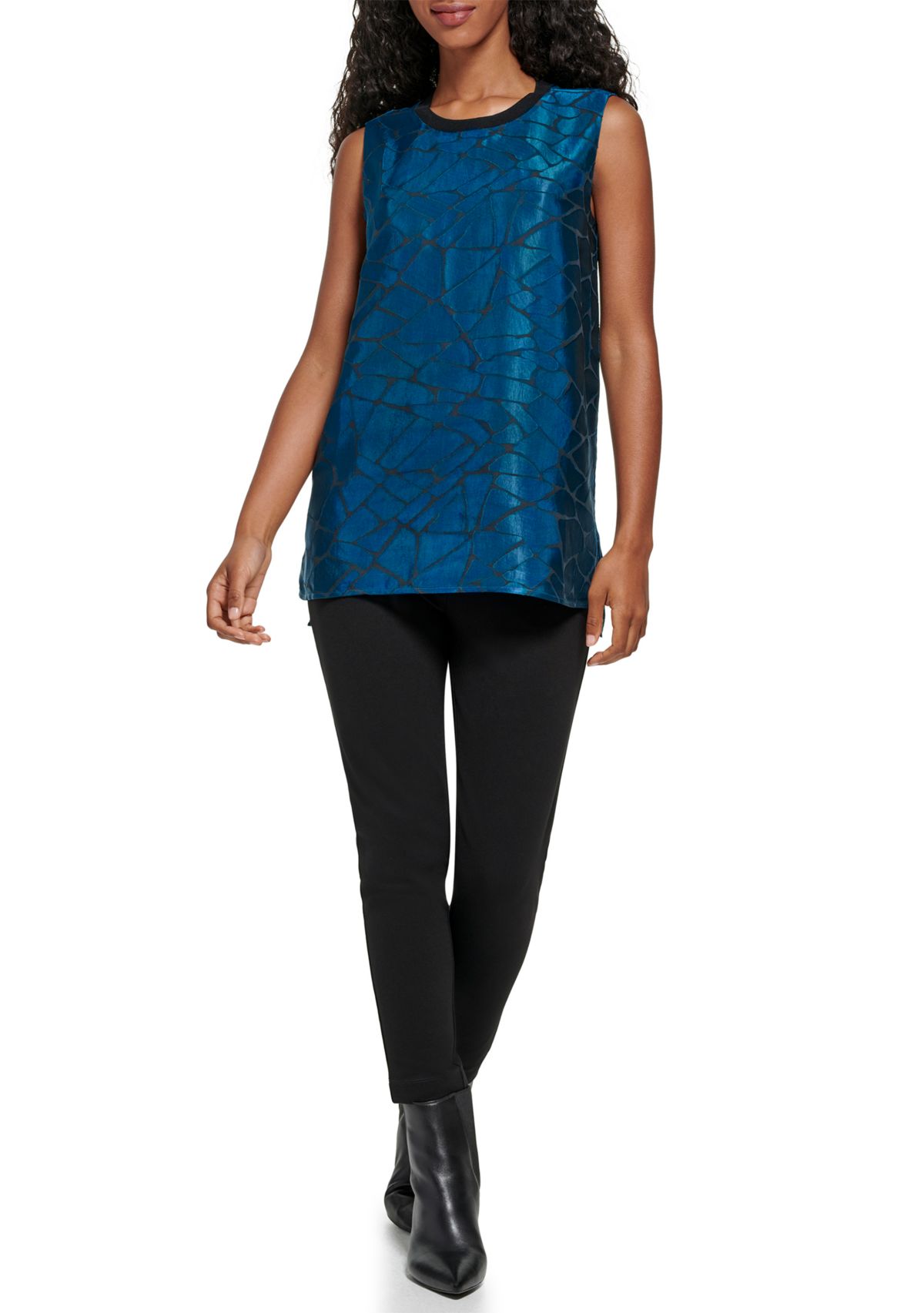 Womens Sleeveless Abstract Burnout Woven Top