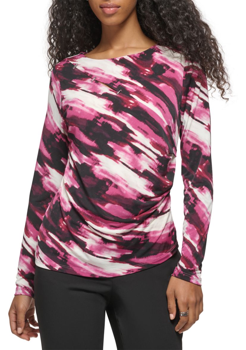 Womens Long Sleeve Printed Asymmetrical Cutout Matte Jersey Top