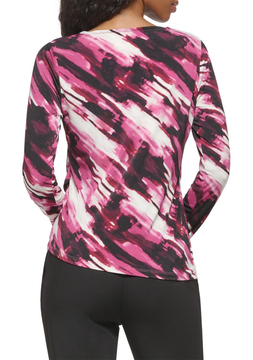 Womens Long Sleeve Printed Asymmetrical Cutout Matte Jersey Top