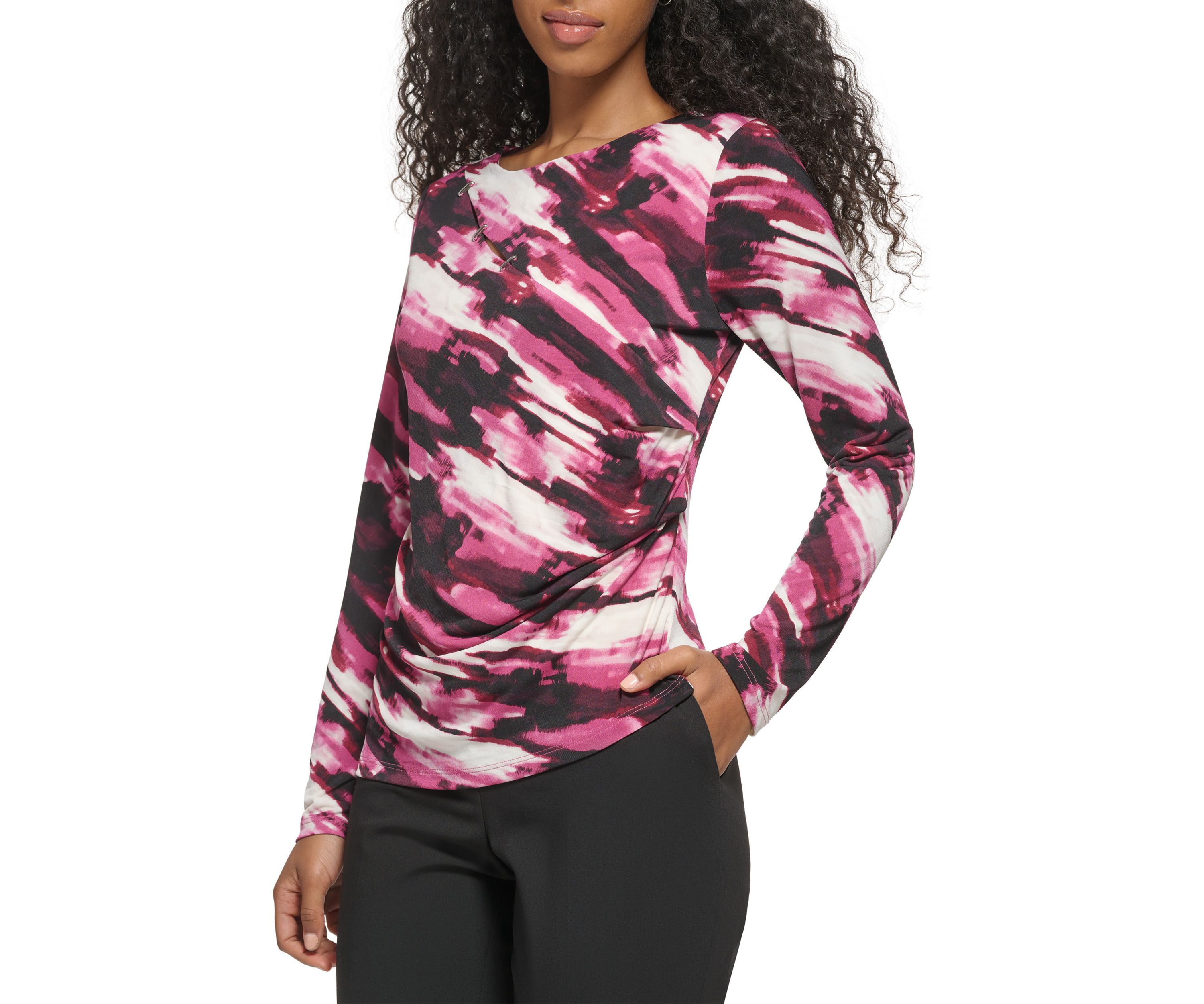 Womens Long Sleeve Printed Asymmetrical Cutout Matte Jersey Top