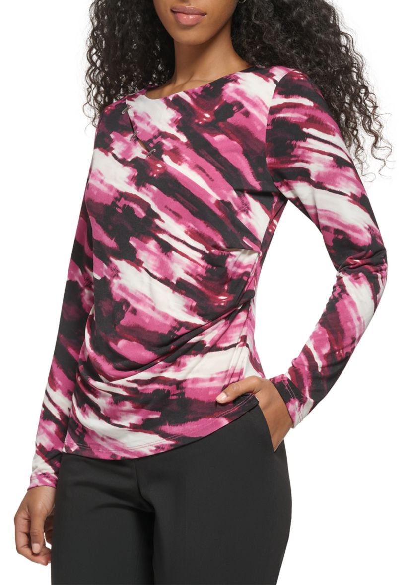 Womens Long Sleeve Printed Asymmetrical Cutout Matte Jersey Top