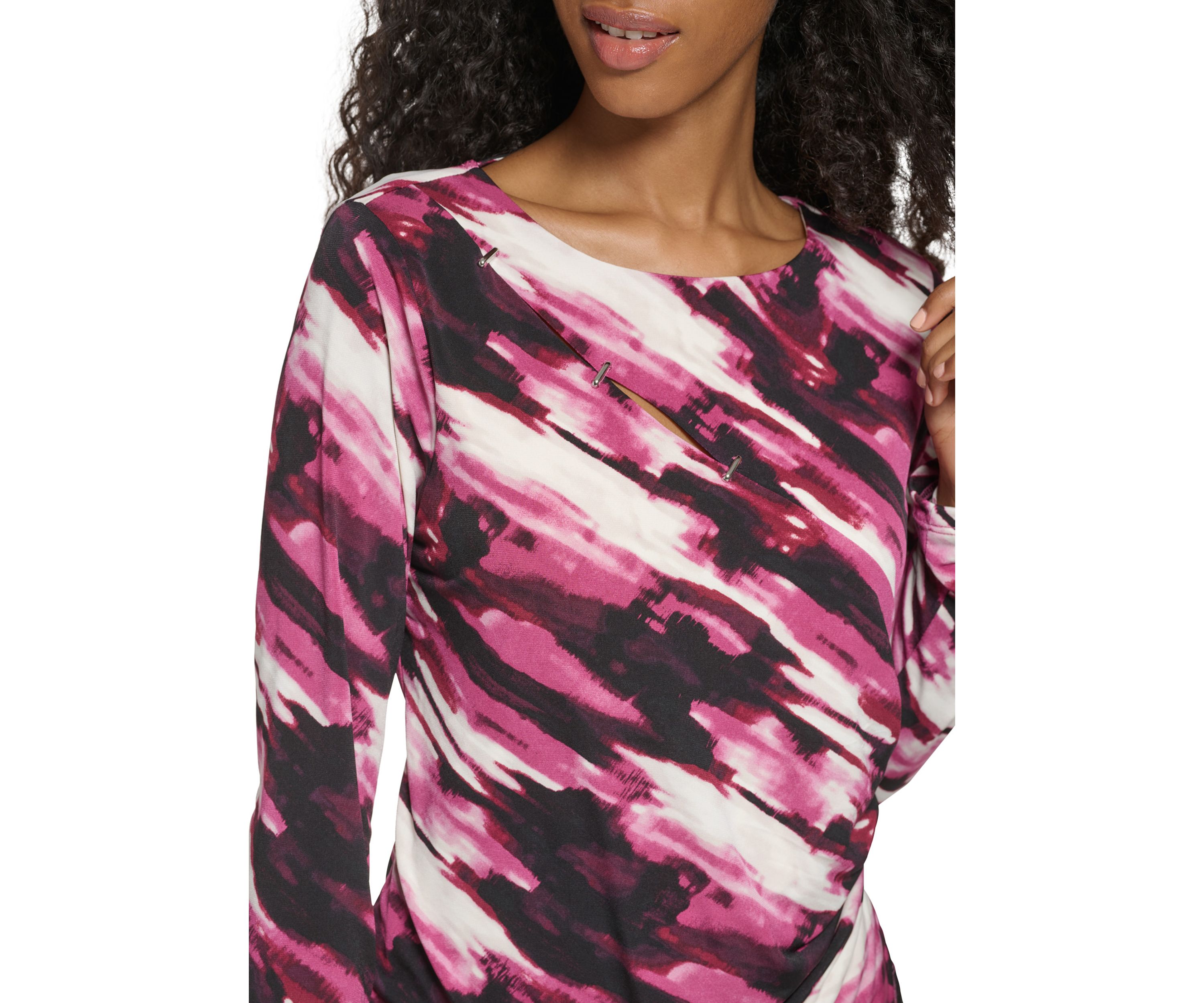 Womens Long Sleeve Printed Asymmetrical Cutout Matte Jersey Top