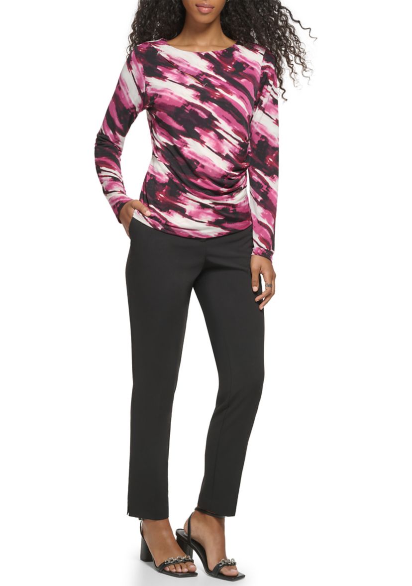 Womens Long Sleeve Printed Asymmetrical Cutout Matte Jersey Top