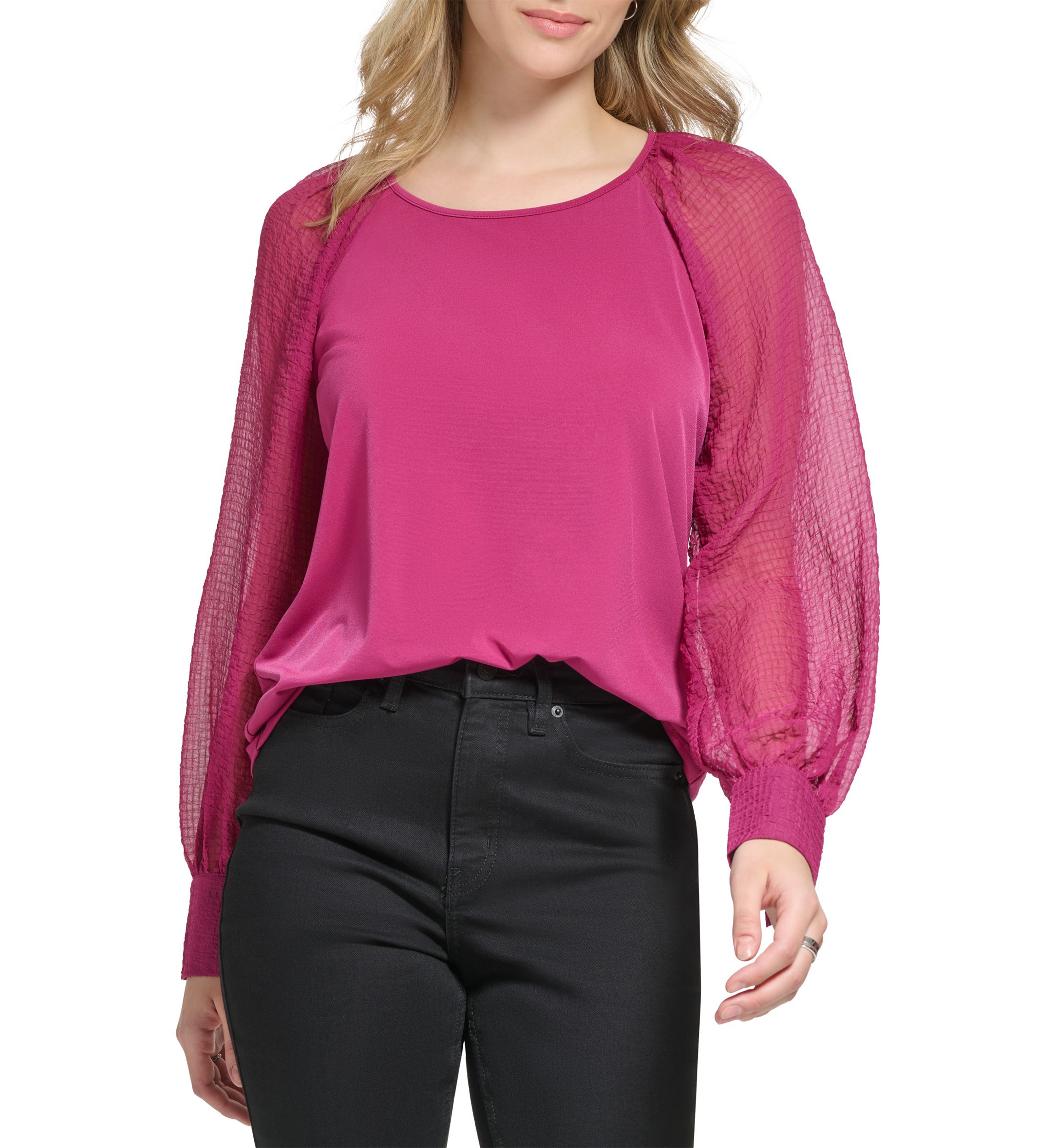 Womens Long Sleeve Matte Jersey with Chiffon Sleeves Top