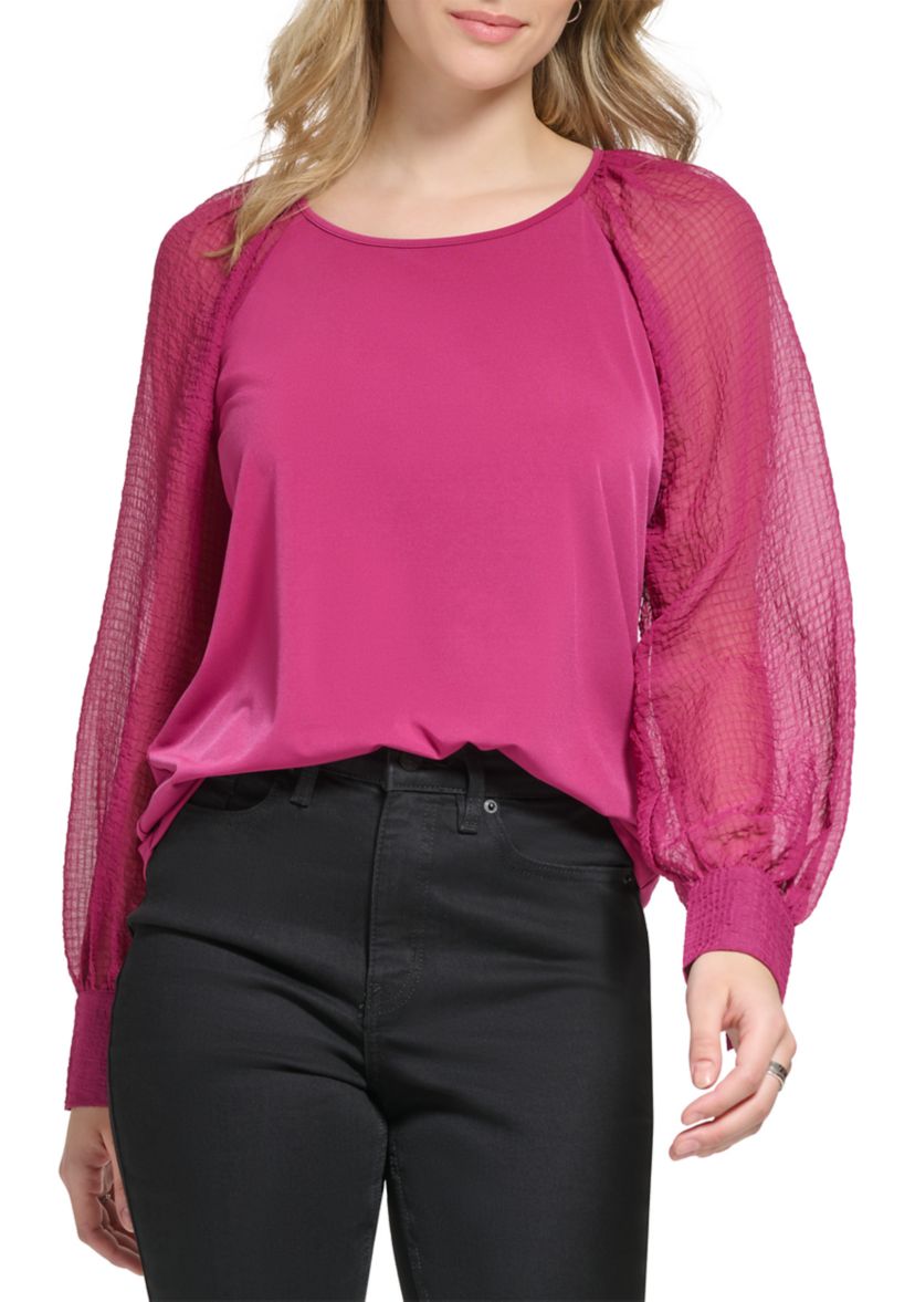 Womens Long Sleeve Matte Jersey with Chiffon Sleeves Top
