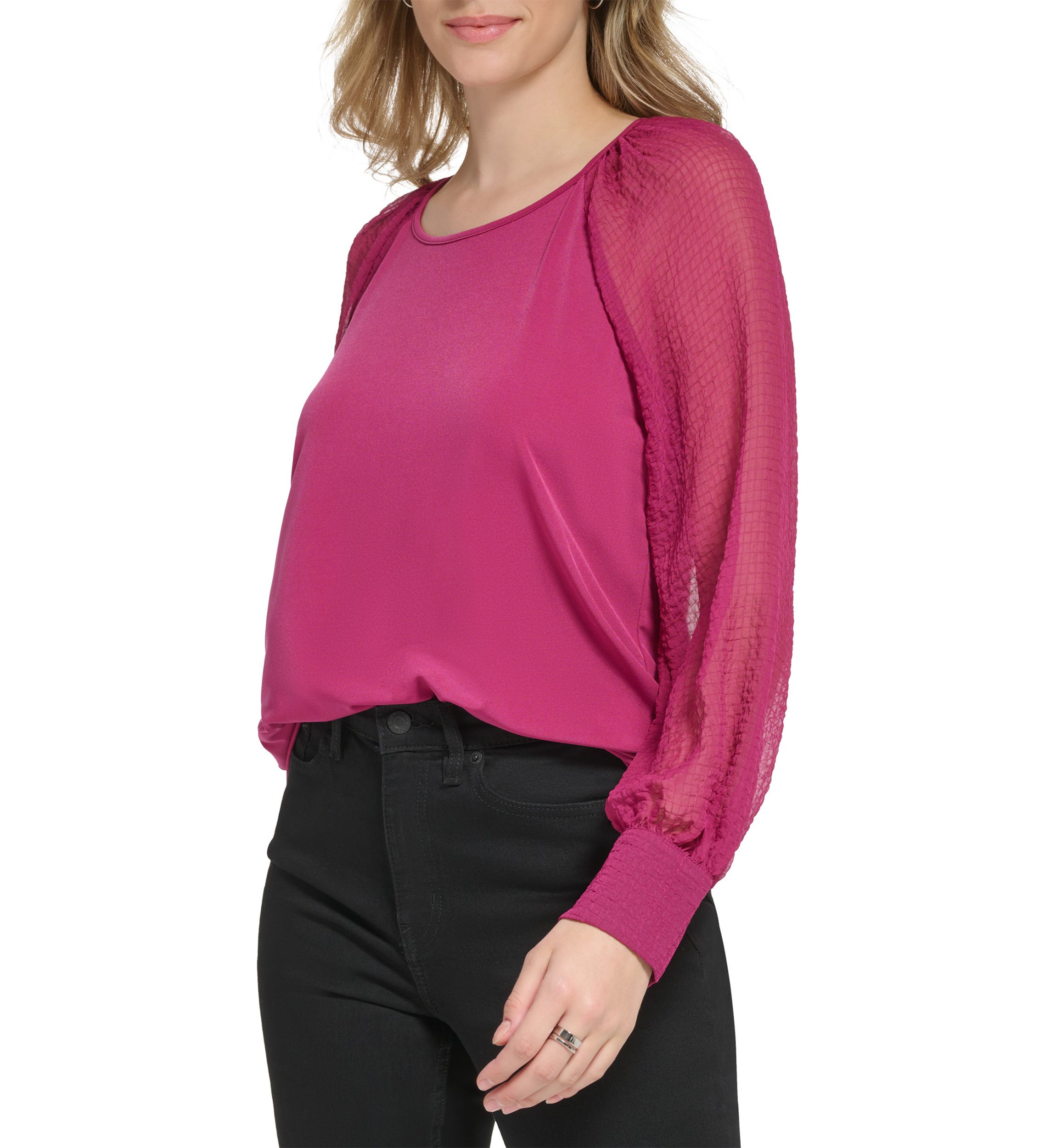 Womens Long Sleeve Matte Jersey with Chiffon Sleeves Top