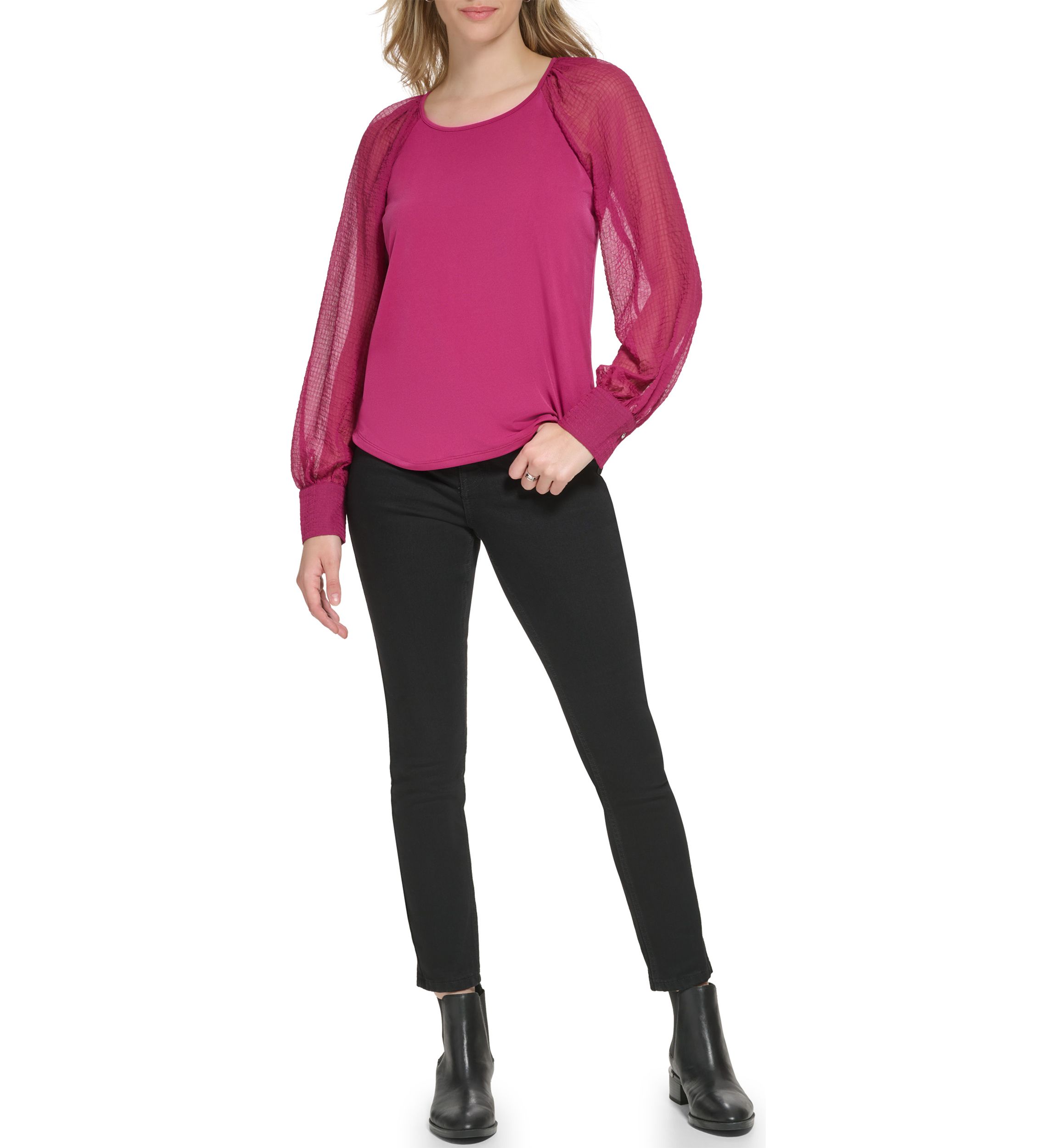 Womens Long Sleeve Matte Jersey with Chiffon Sleeves Top
