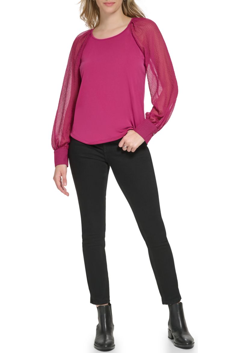 Womens Long Sleeve Matte Jersey with Chiffon Sleeves Top