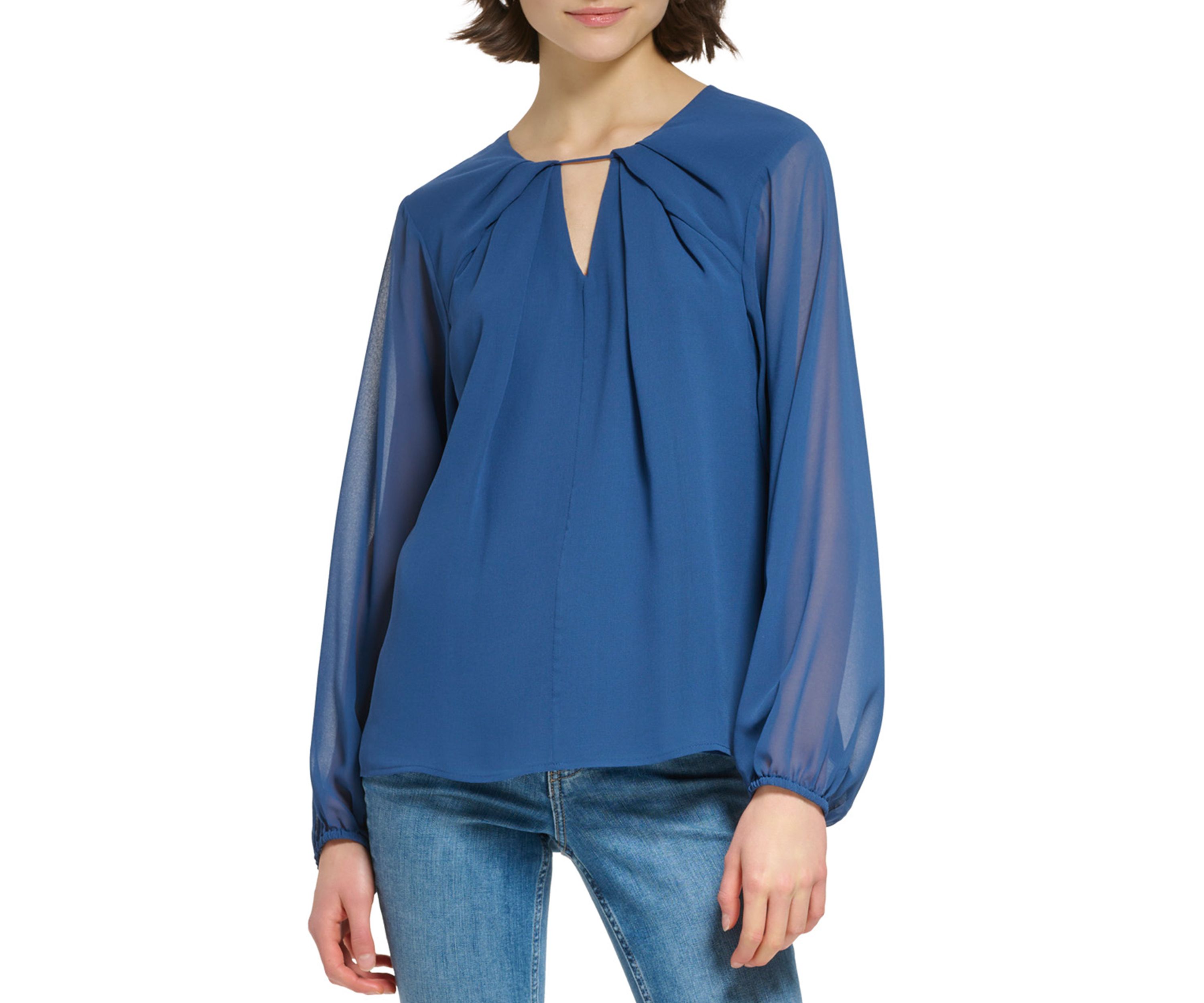 Womens Solid Chiffon Pleated Keyhole Blouse
