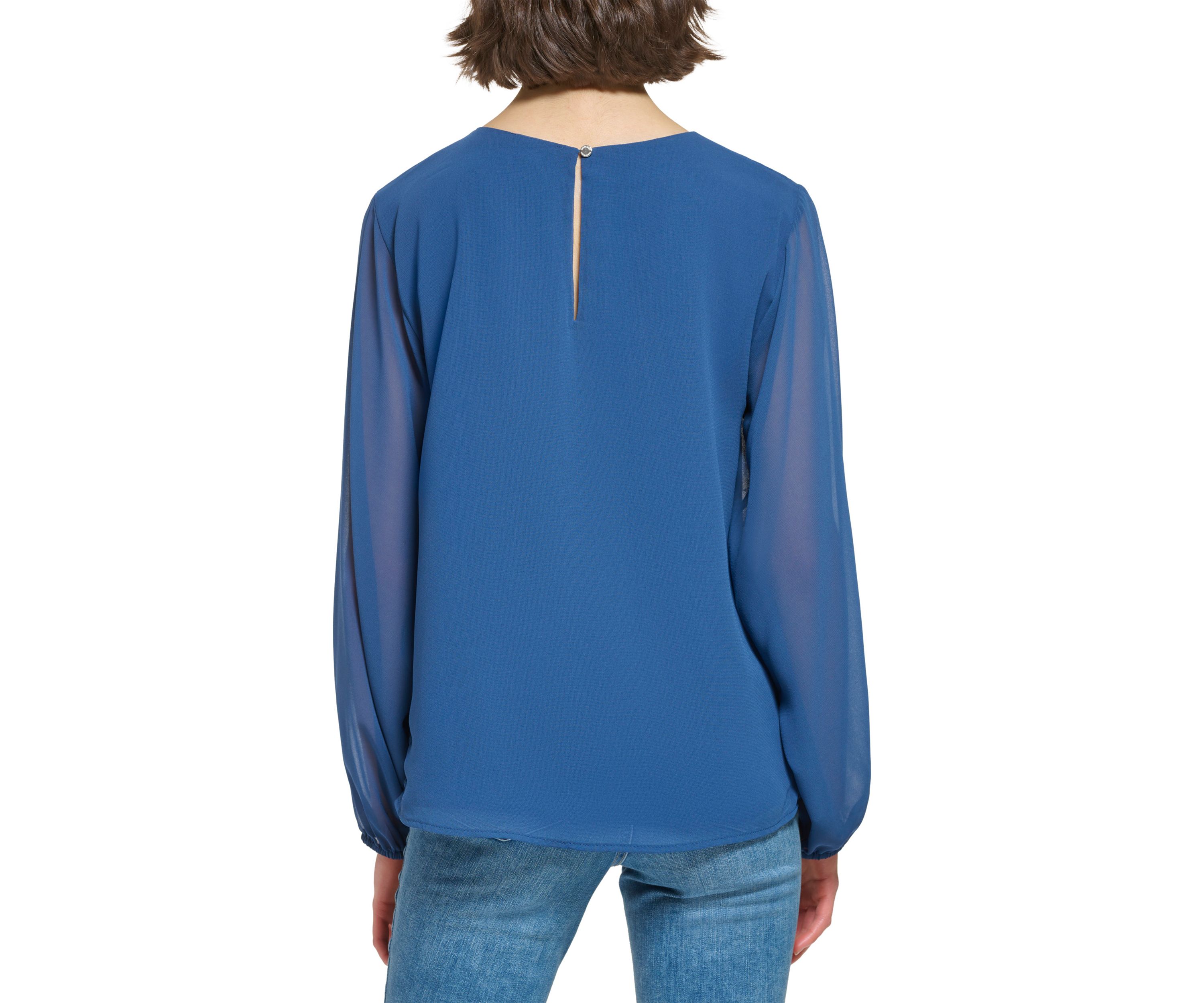 Womens Solid Chiffon Pleated Keyhole Blouse
