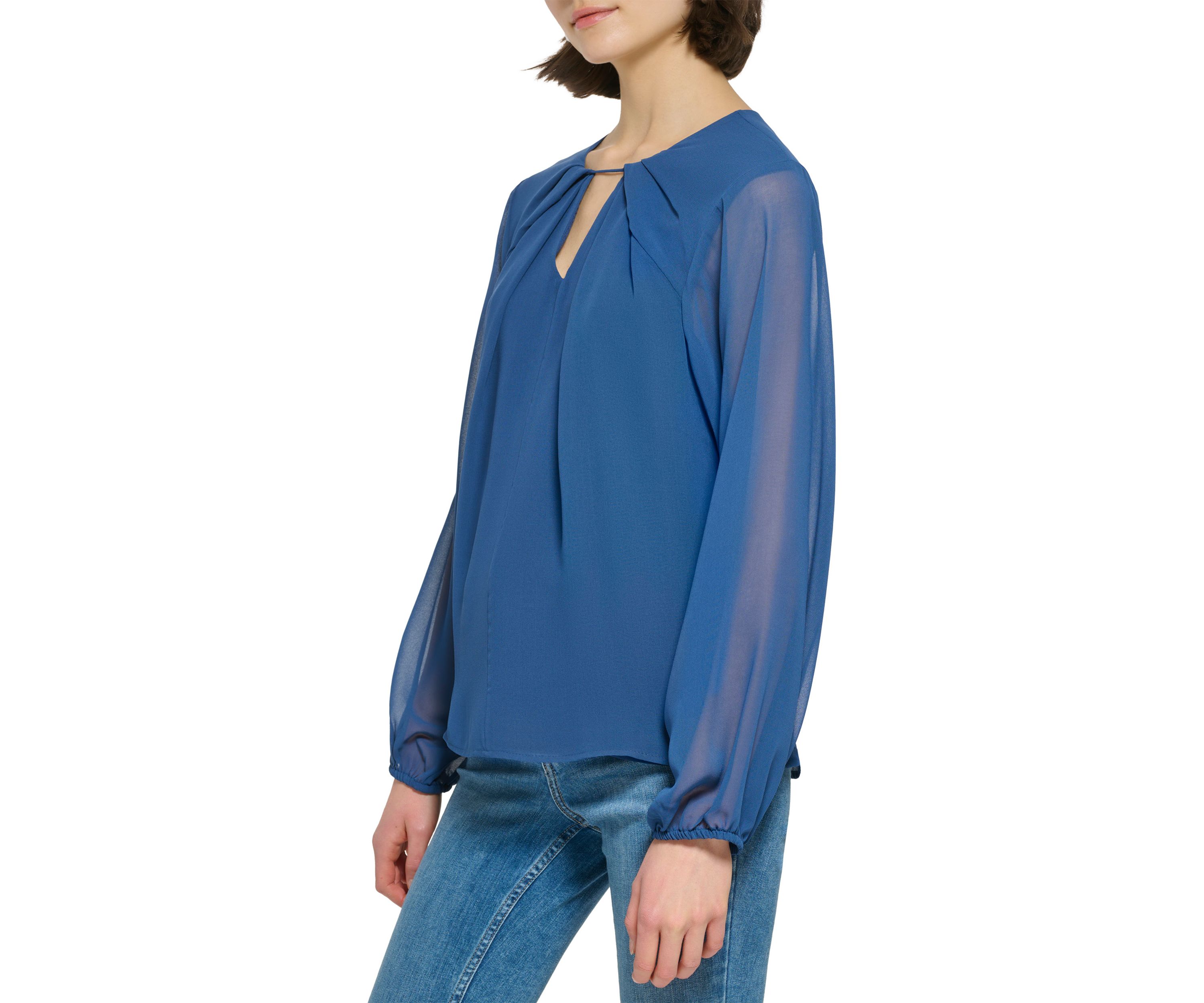 Womens Solid Chiffon Pleated Keyhole Blouse