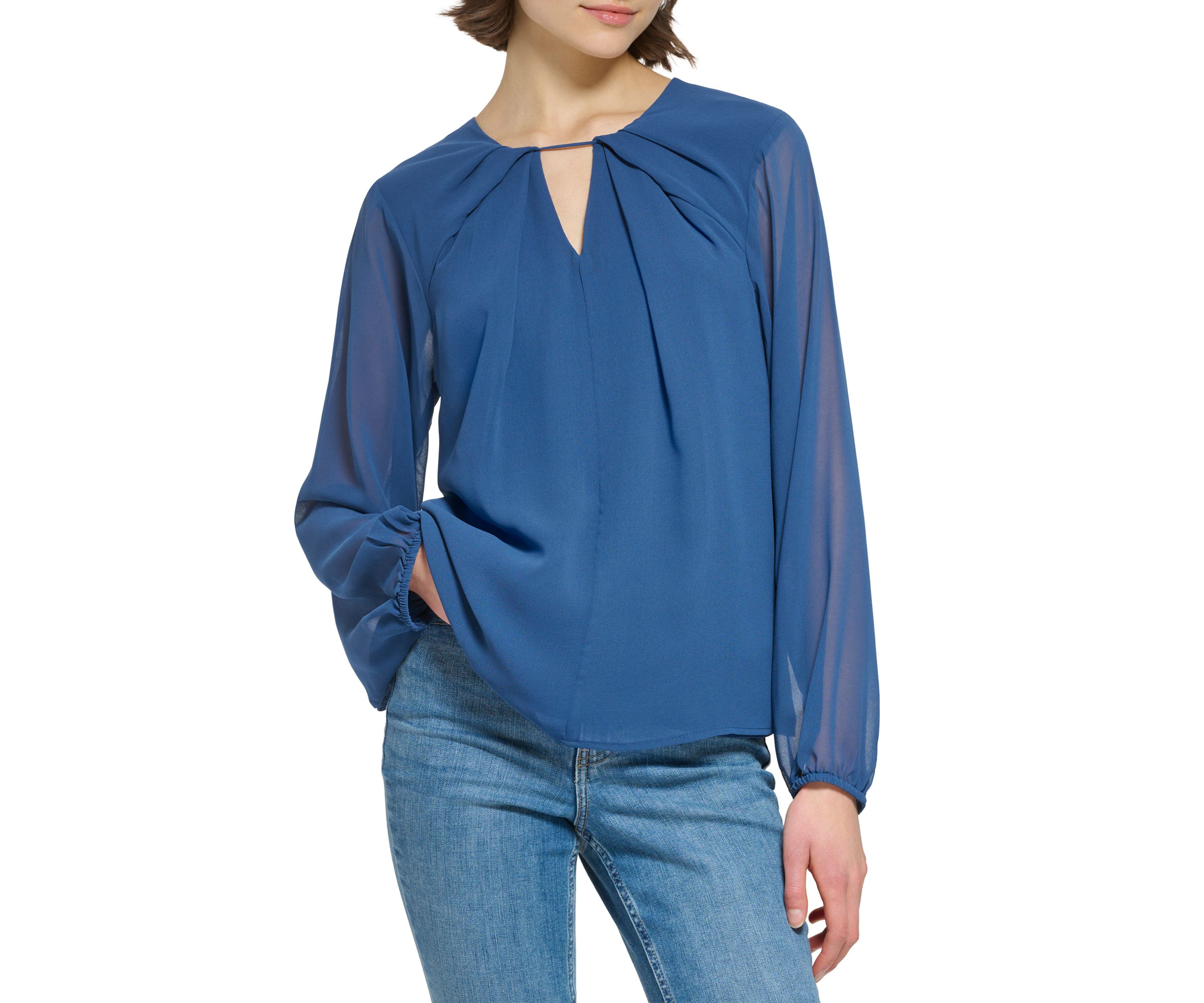Womens Solid Chiffon Pleated Keyhole Blouse