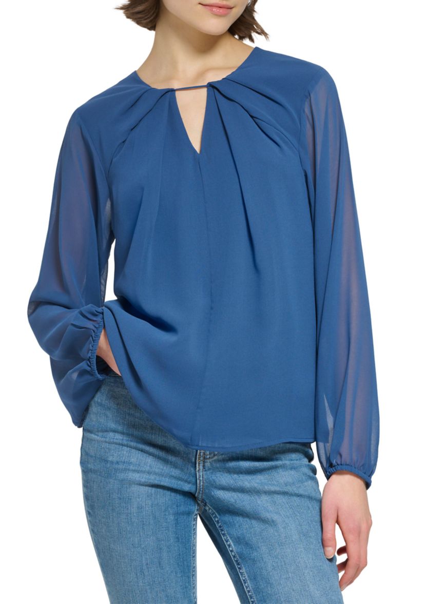 Womens Solid Chiffon Pleated Keyhole Blouse