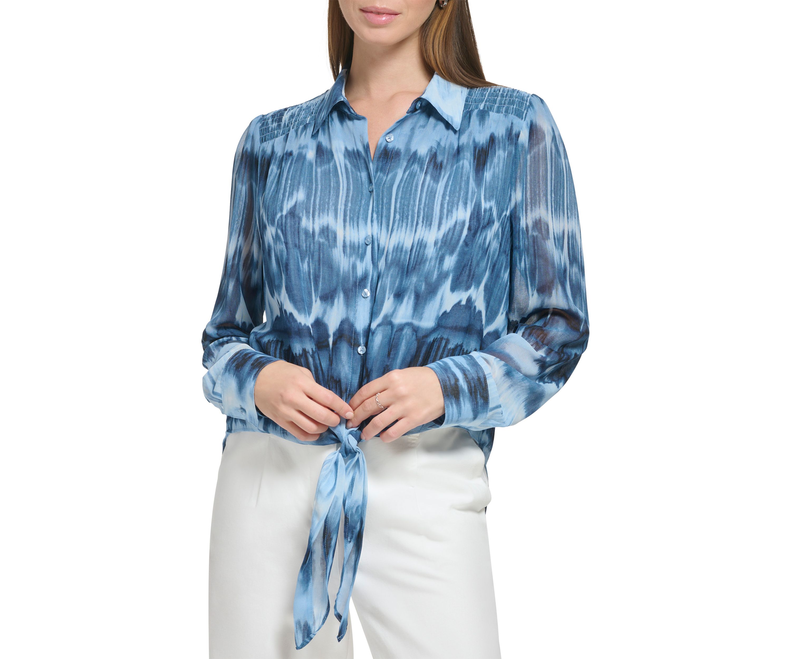 Womens Smock Yoke Chiffon Button Front Top with Tie