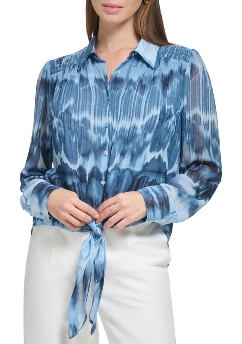 Womens Smock Yoke Chiffon Button Front Top with Tie
