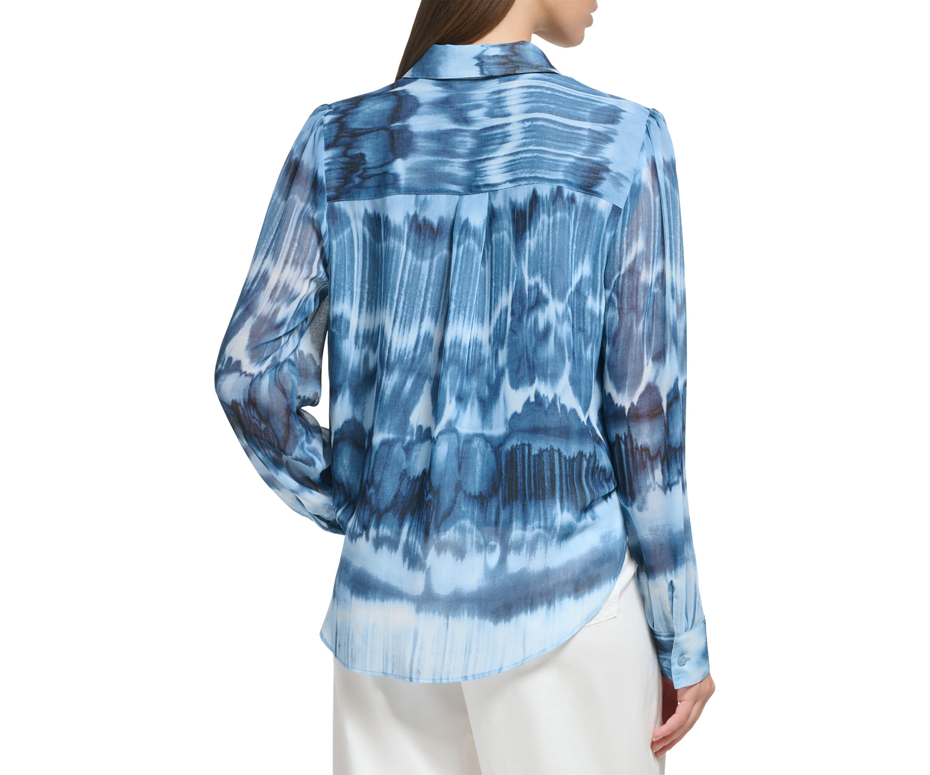 Womens Smock Yoke Chiffon Button Front Top with Tie