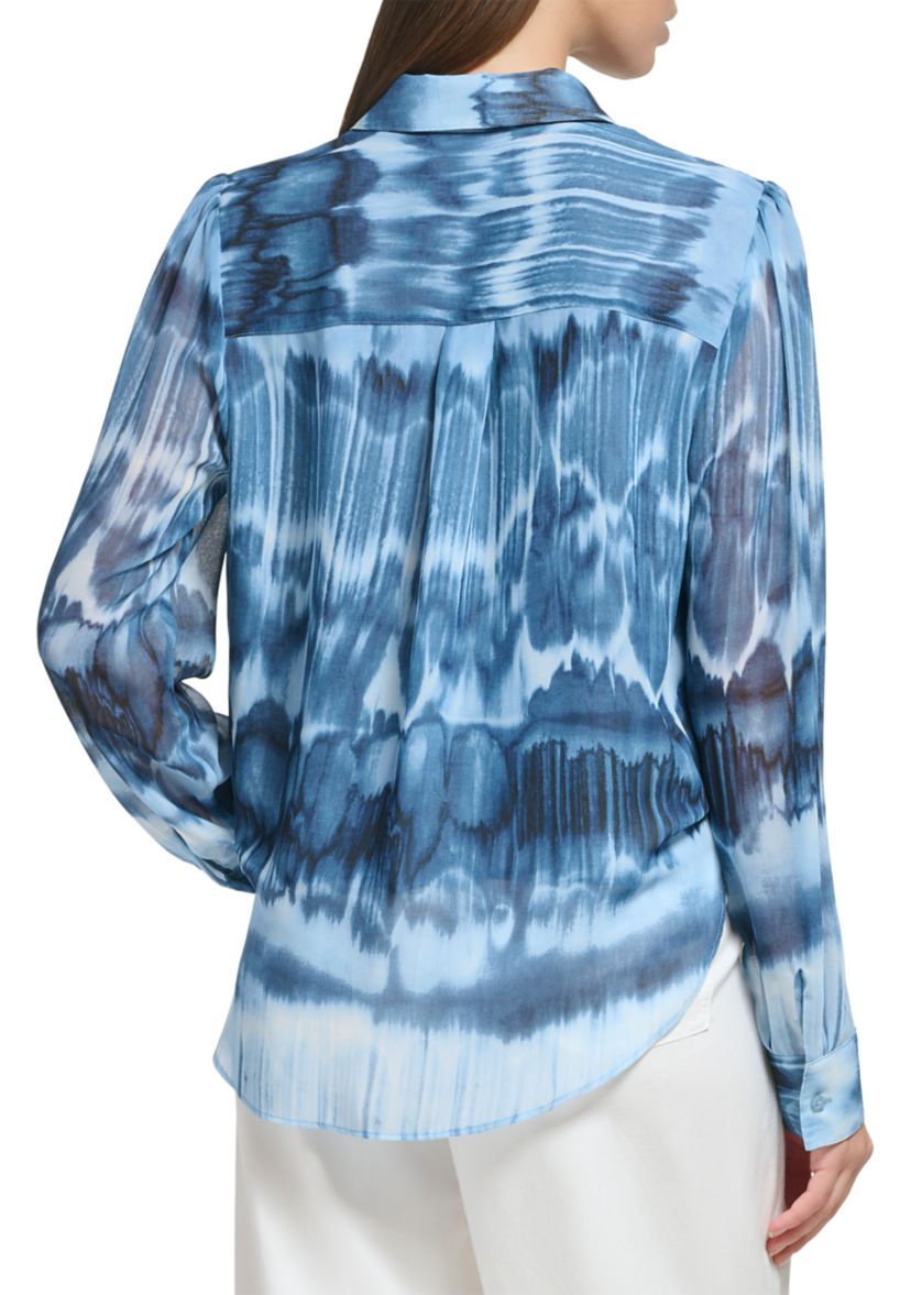 Womens Smock Yoke Chiffon Button Front Top with Tie