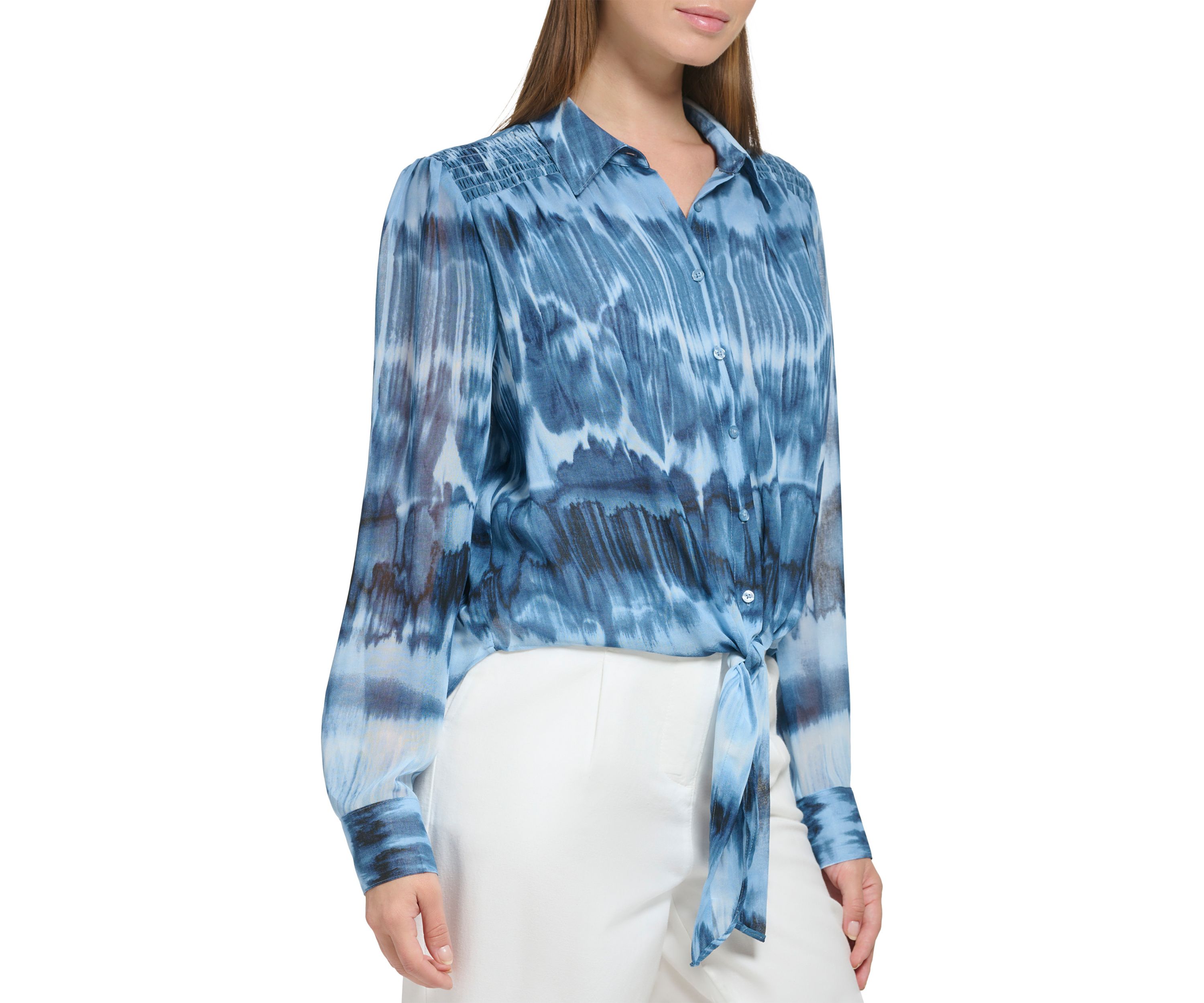 Womens Smock Yoke Chiffon Button Front Top with Tie
