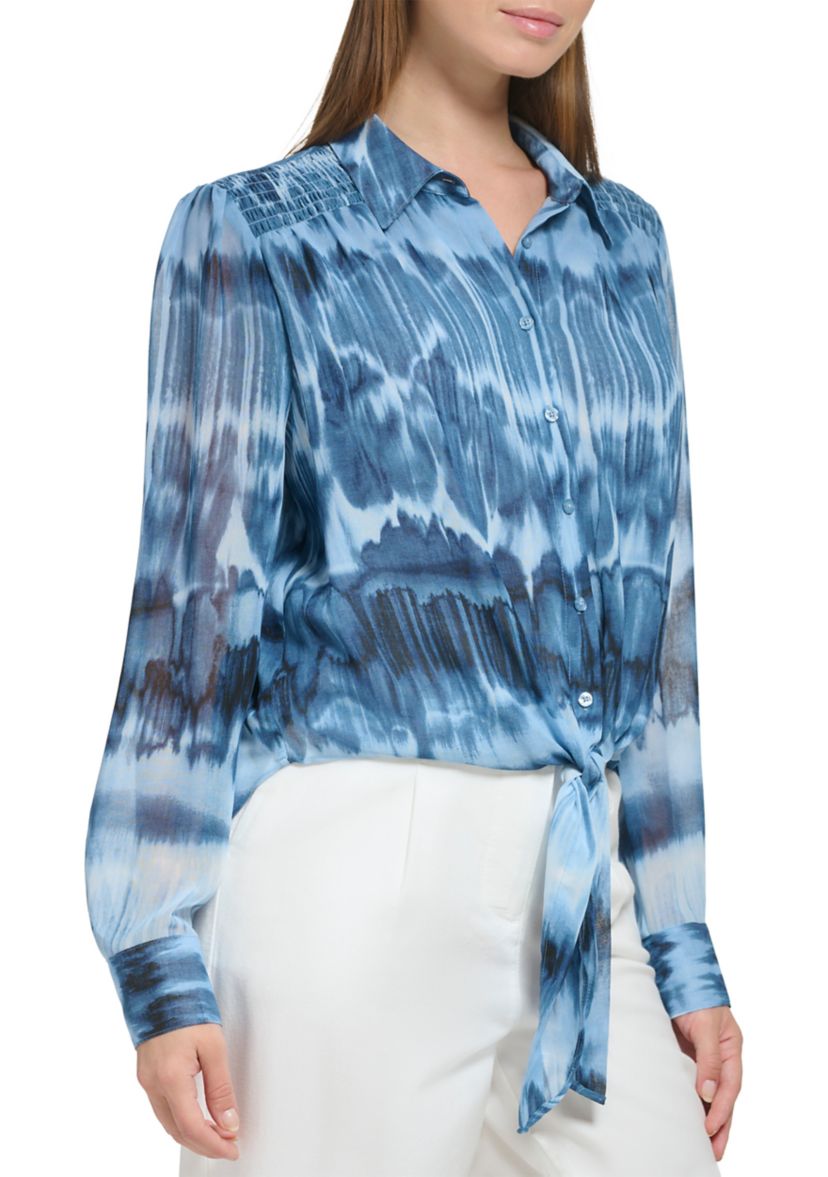 Womens Smock Yoke Chiffon Button Front Top with Tie