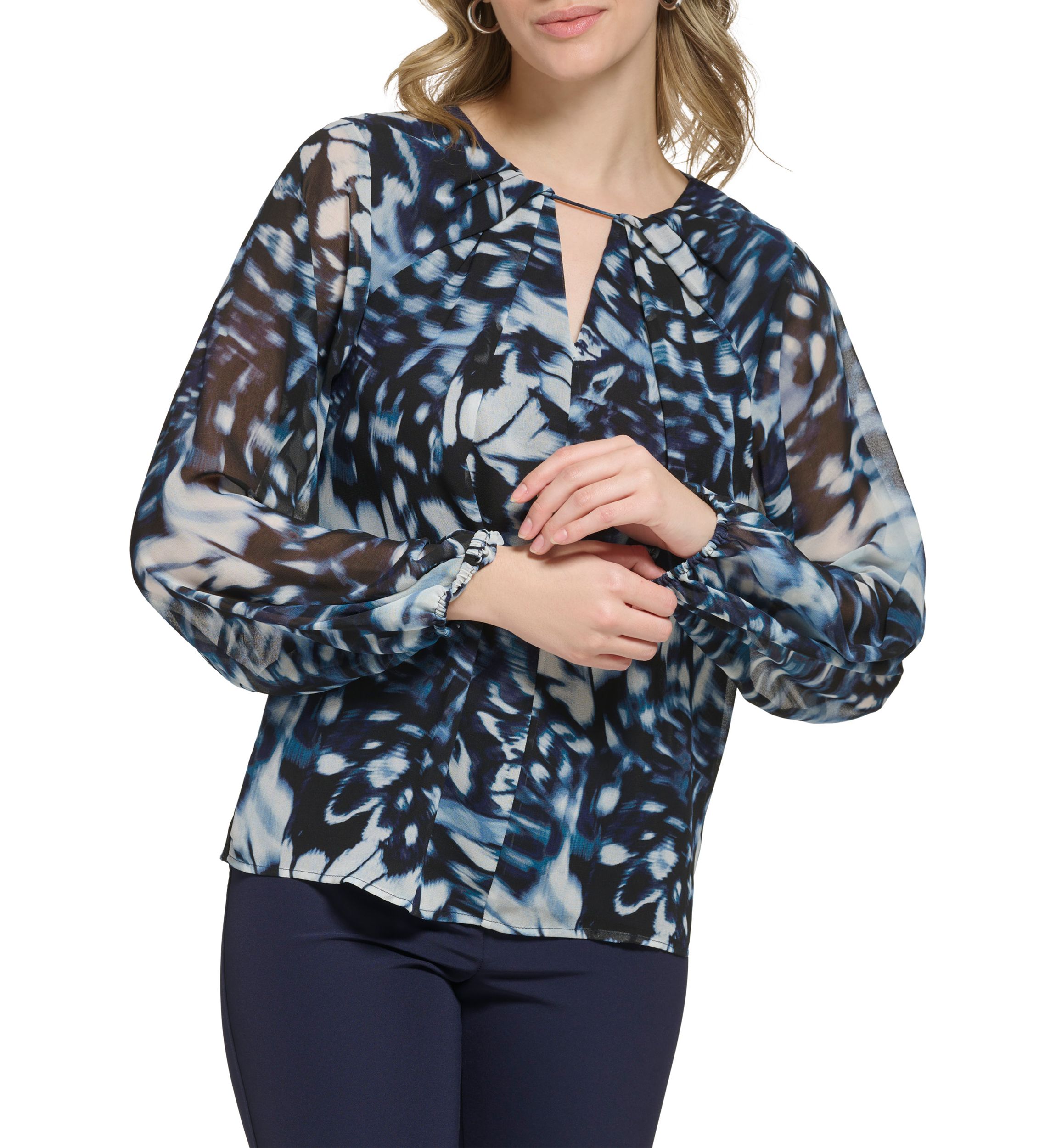 Womens Long Sleeve Printed Chiffon Pleated Neck and Keyhole Top