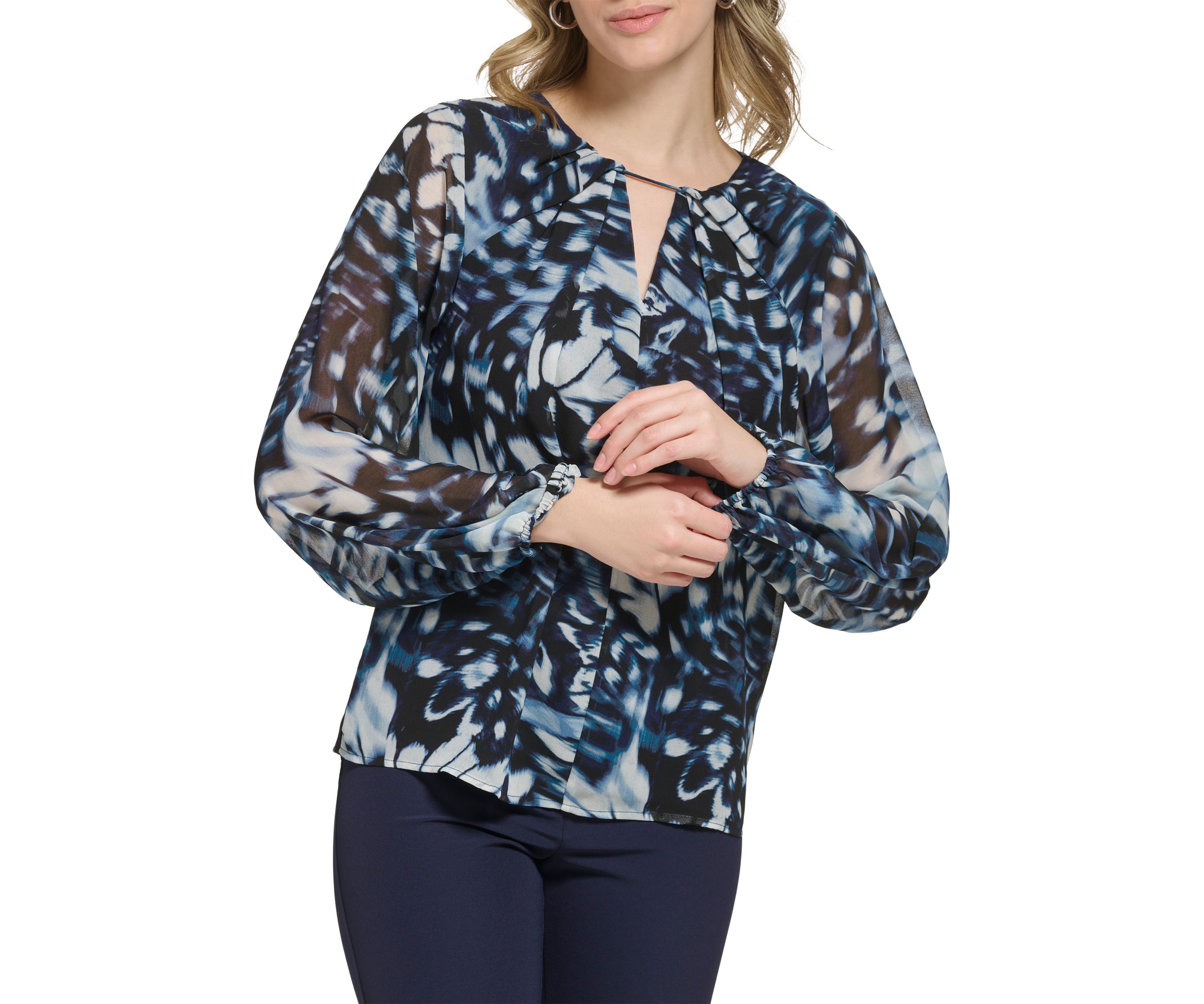 Womens Long Sleeve Printed Chiffon Pleated Neck and Keyhole Top