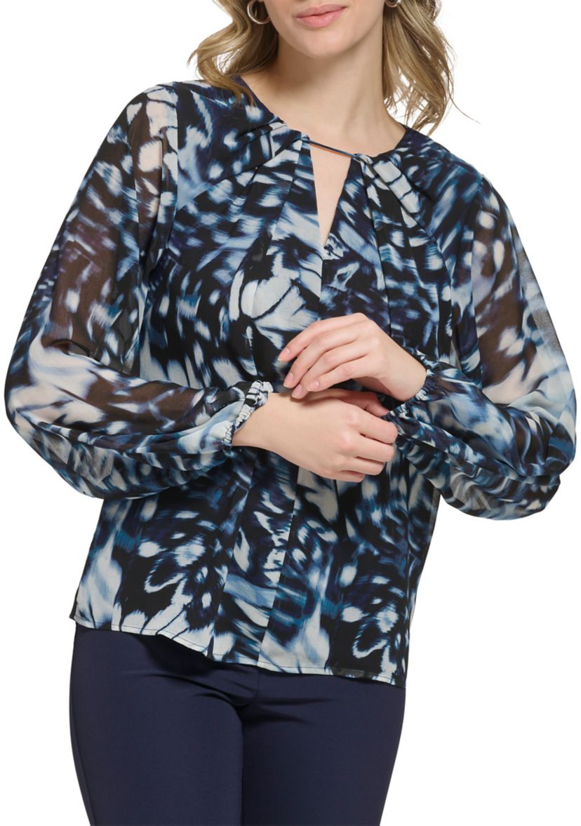 Womens Long Sleeve Printed Chiffon Pleated Neck and Keyhole Top