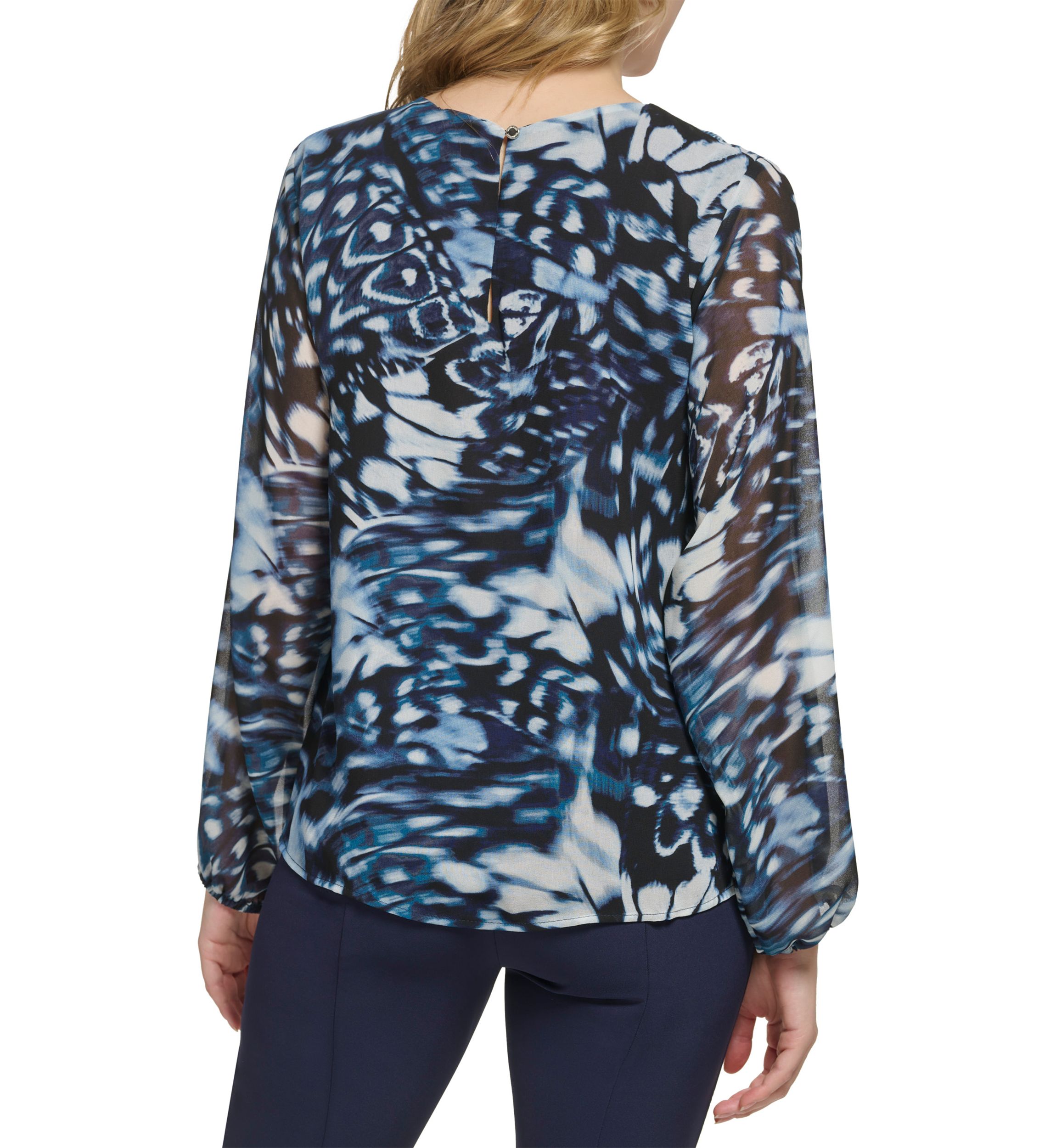 Womens Long Sleeve Printed Chiffon Pleated Neck and Keyhole Top