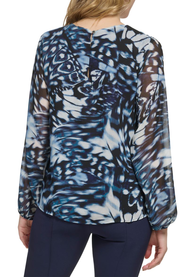 Womens Long Sleeve Printed Chiffon Pleated Neck and Keyhole Top