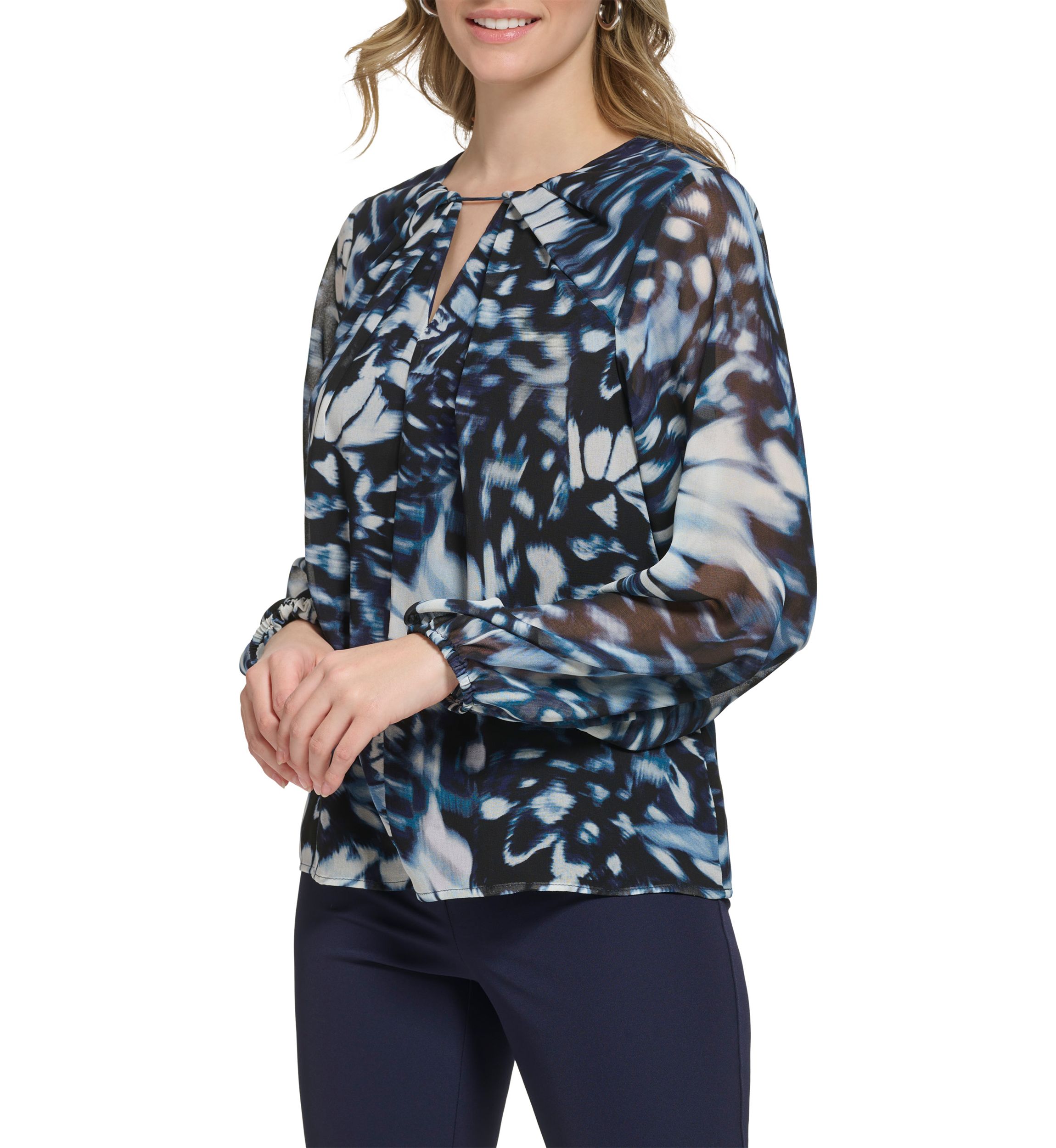 Womens Long Sleeve Printed Chiffon Pleated Neck and Keyhole Top
