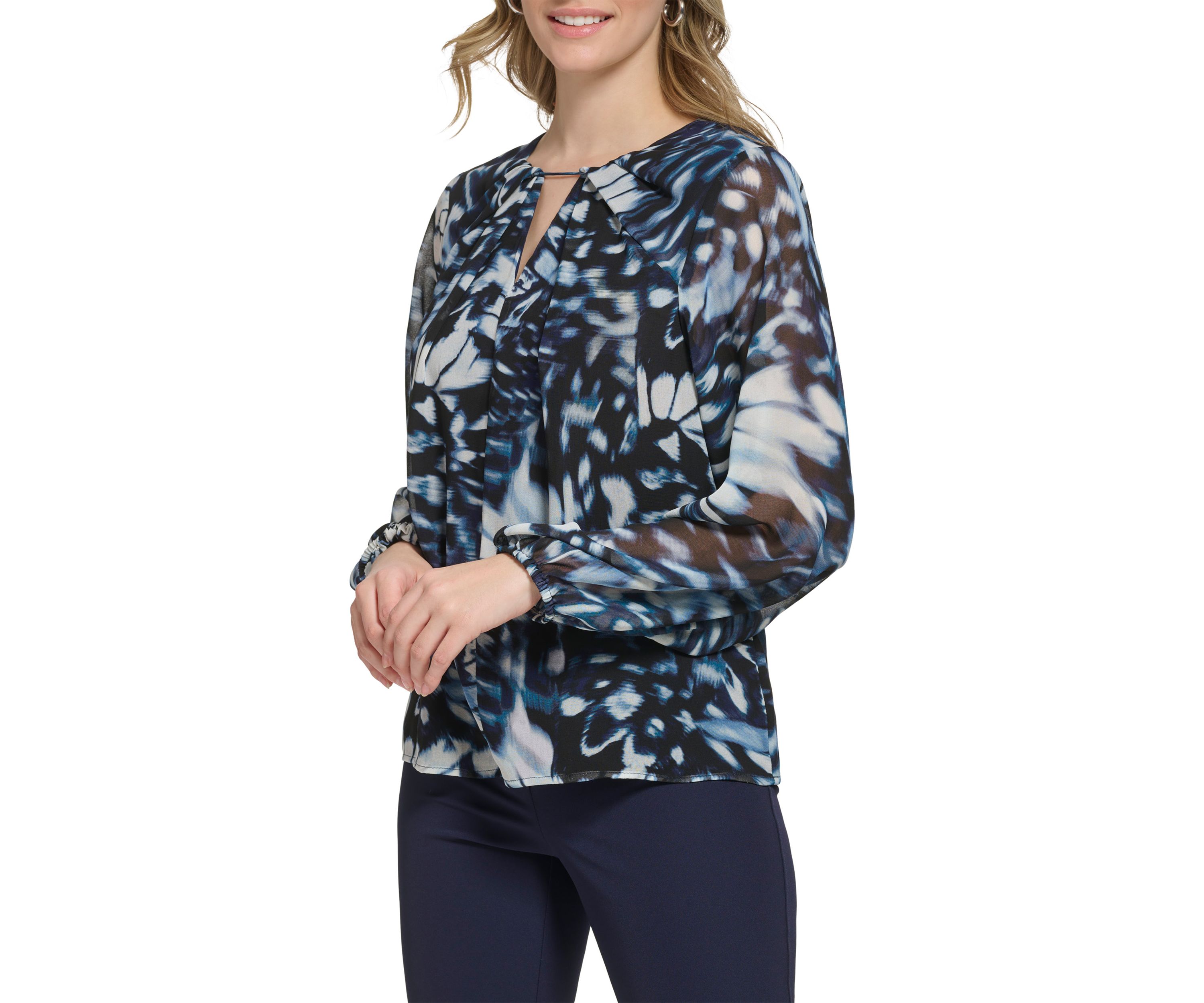 Womens Long Sleeve Printed Chiffon Pleated Neck and Keyhole Top
