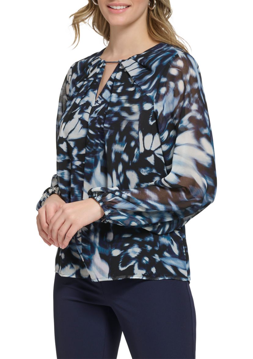 Womens Long Sleeve Printed Chiffon Pleated Neck and Keyhole Top