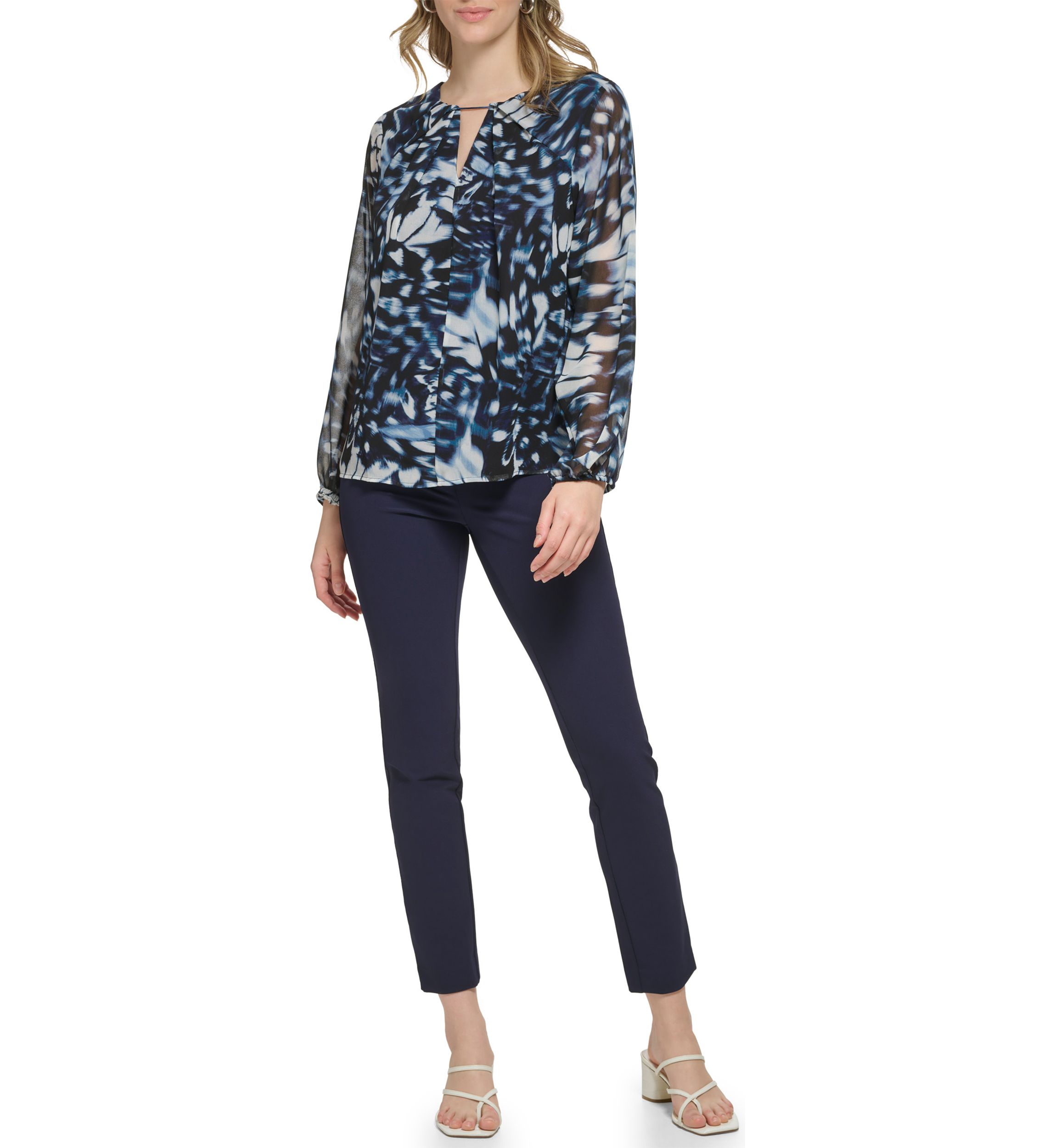 Womens Long Sleeve Printed Chiffon Pleated Neck and Keyhole Top