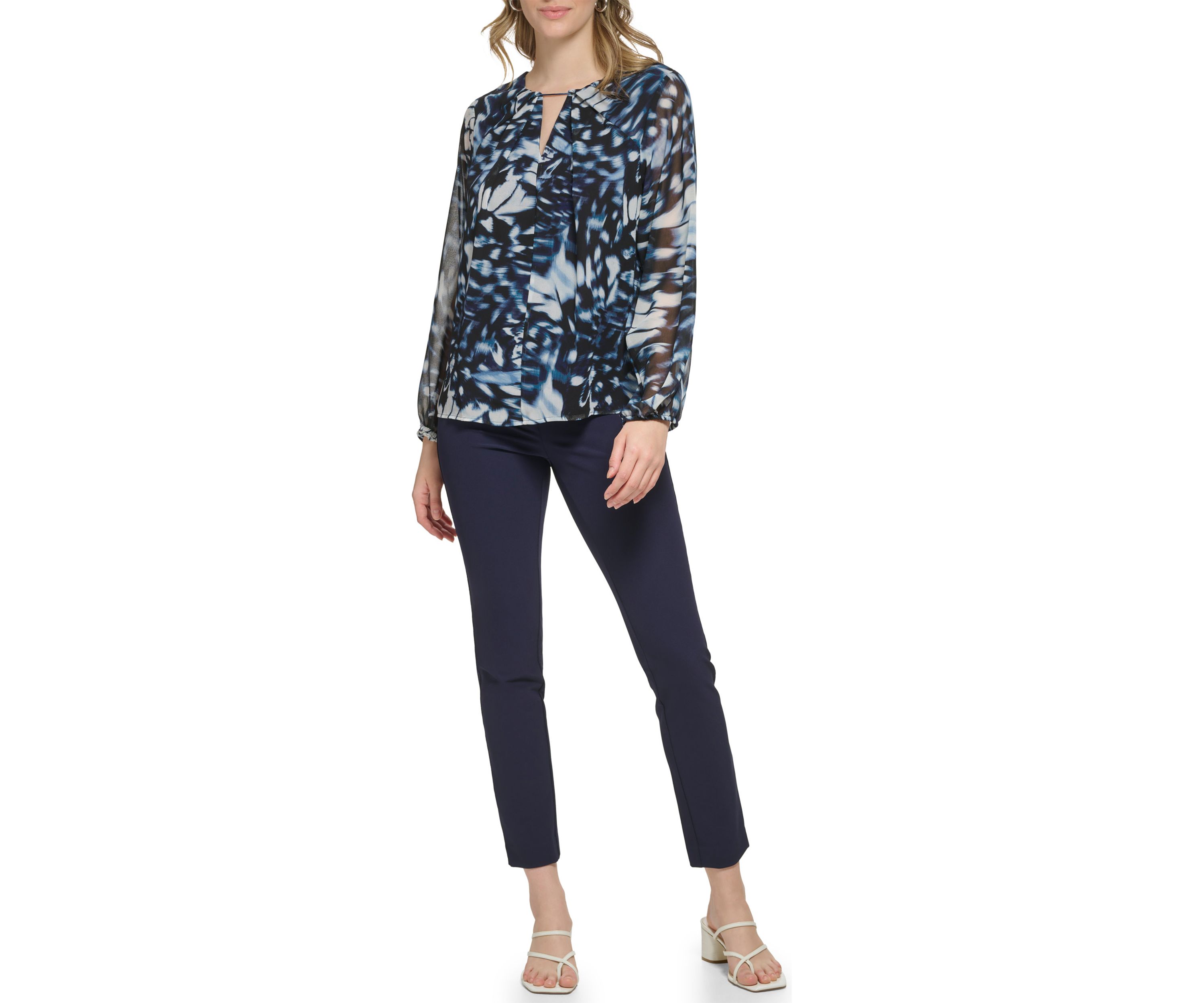 Womens Long Sleeve Printed Chiffon Pleated Neck and Keyhole Top