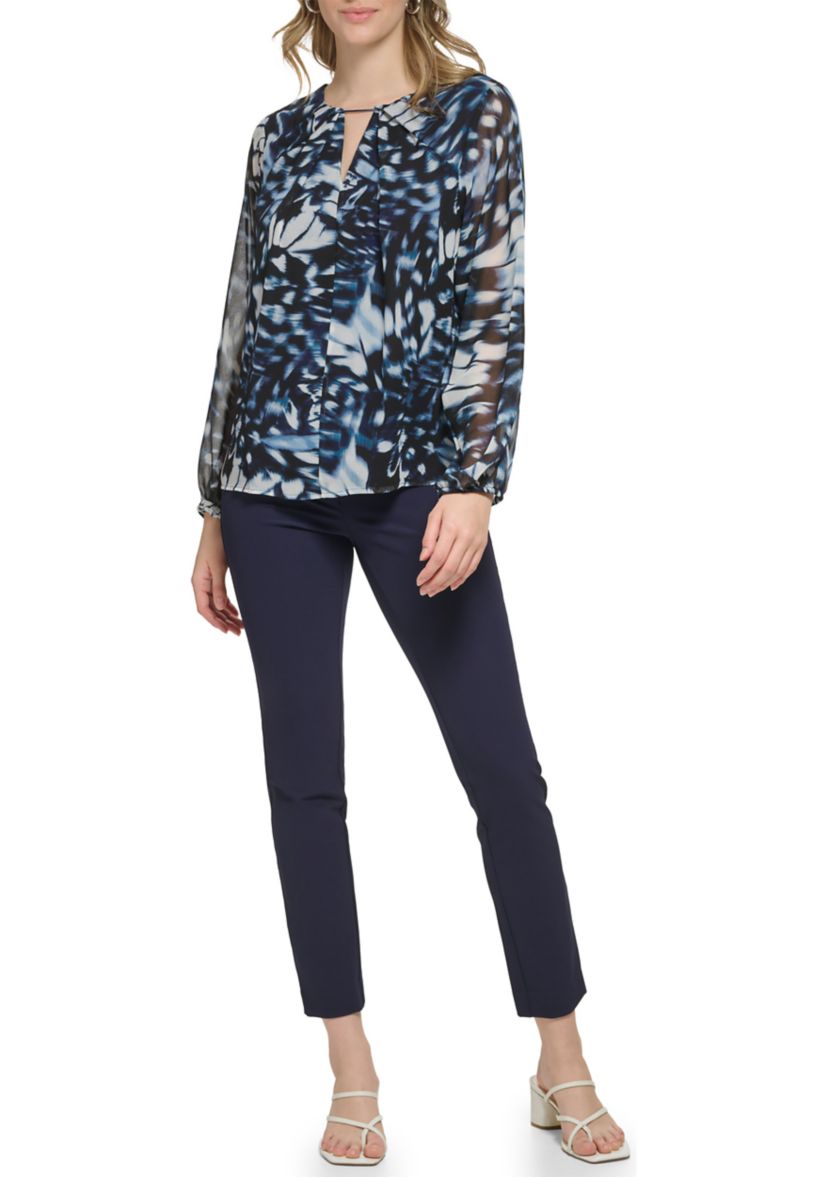 Womens Long Sleeve Printed Chiffon Pleated Neck and Keyhole Top