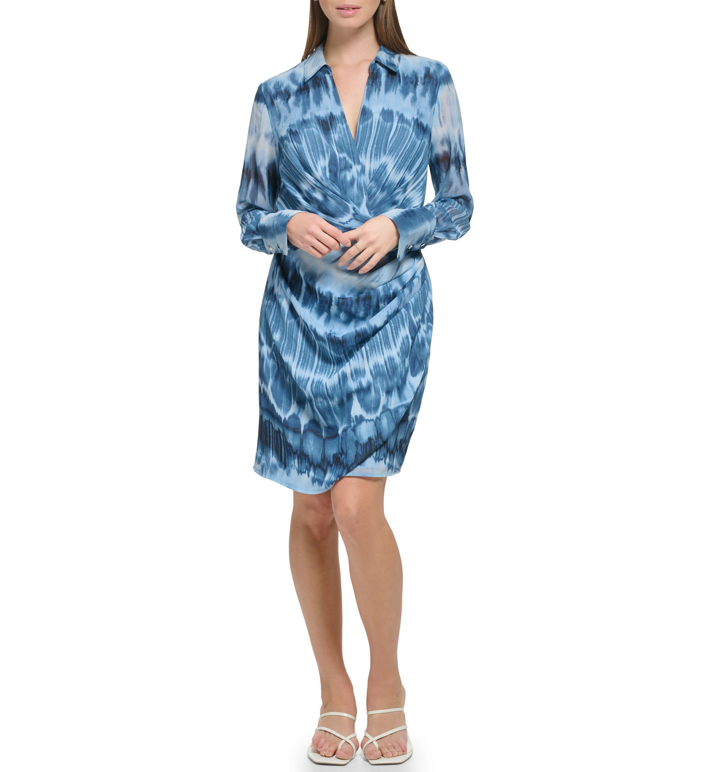Womens Long Sleeve Printed Chiffon Twist Front Dress