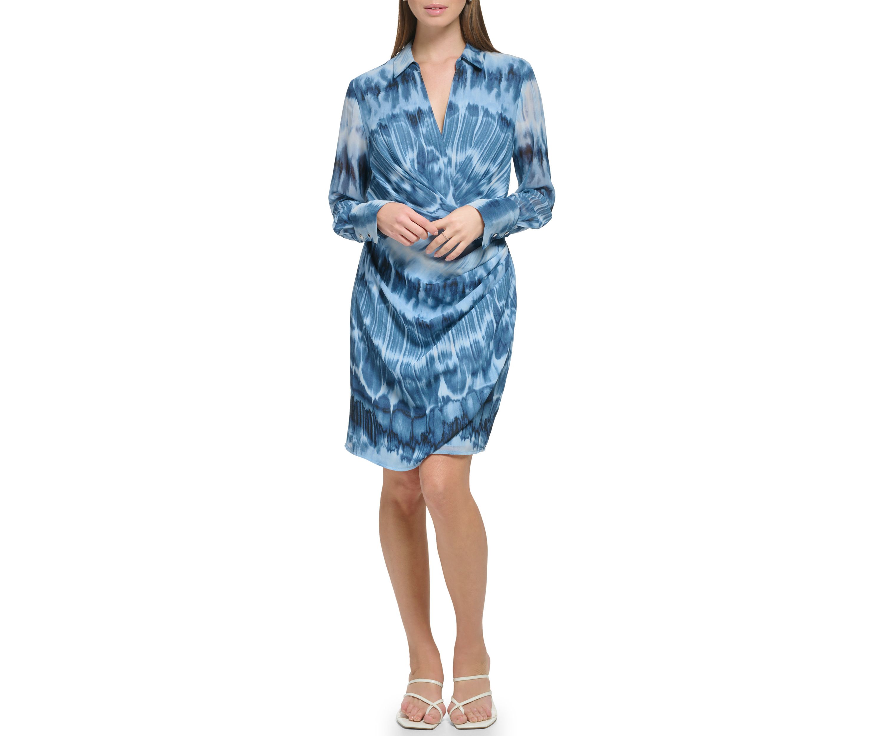 Womens Long Sleeve Printed Chiffon Twist Front Dress