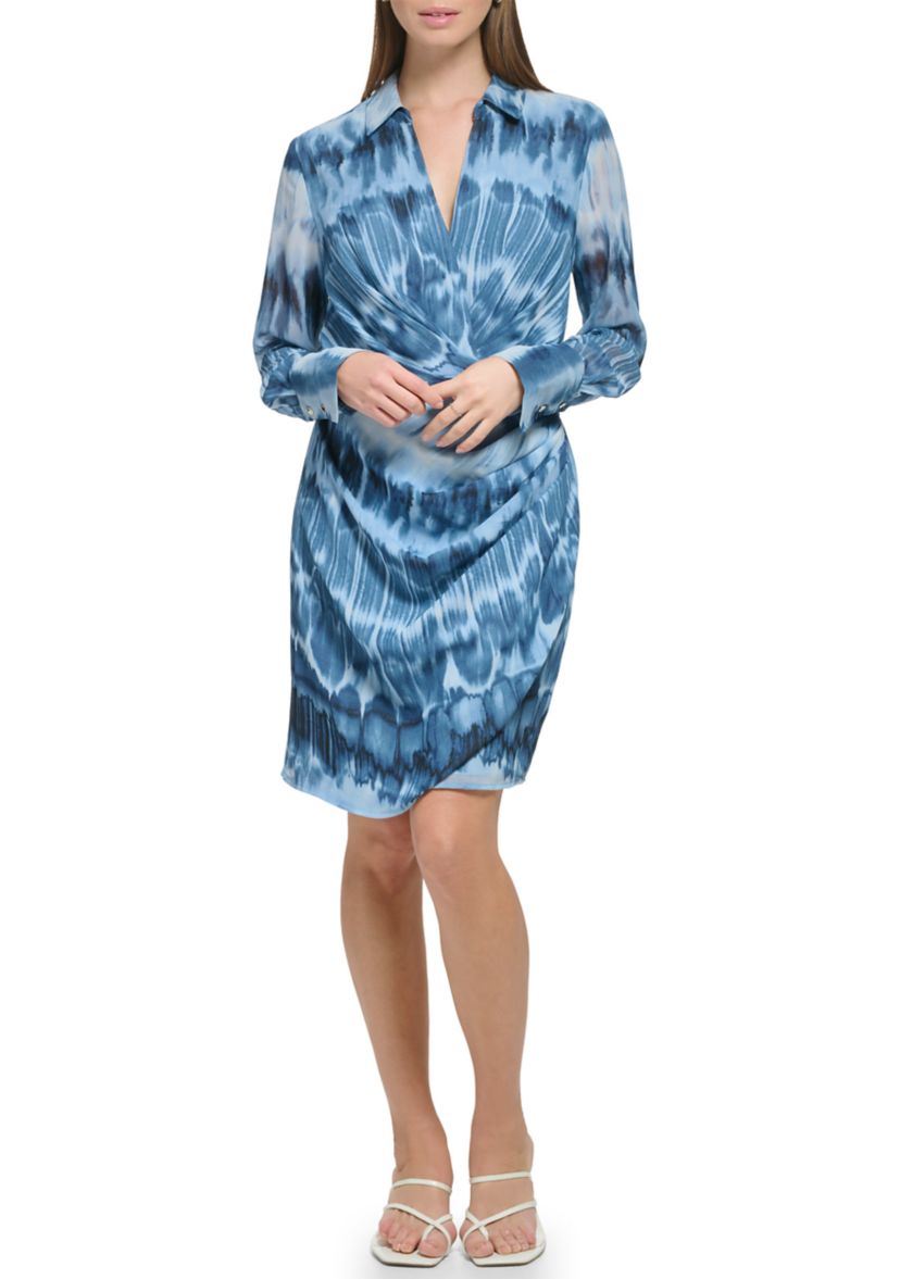 Womens Long Sleeve Printed Chiffon Twist Front Dress
