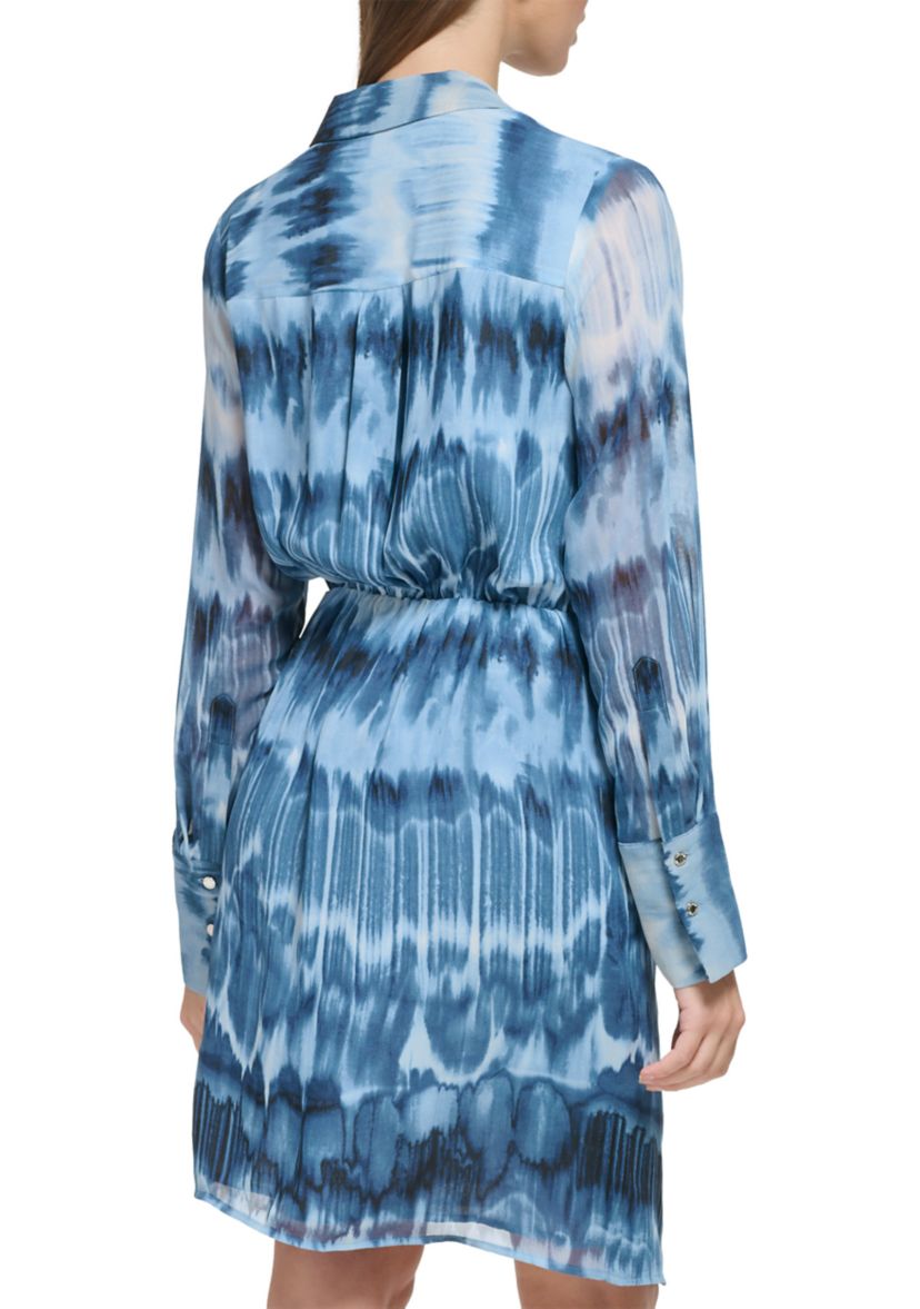 Womens Long Sleeve Printed Chiffon Twist Front Dress