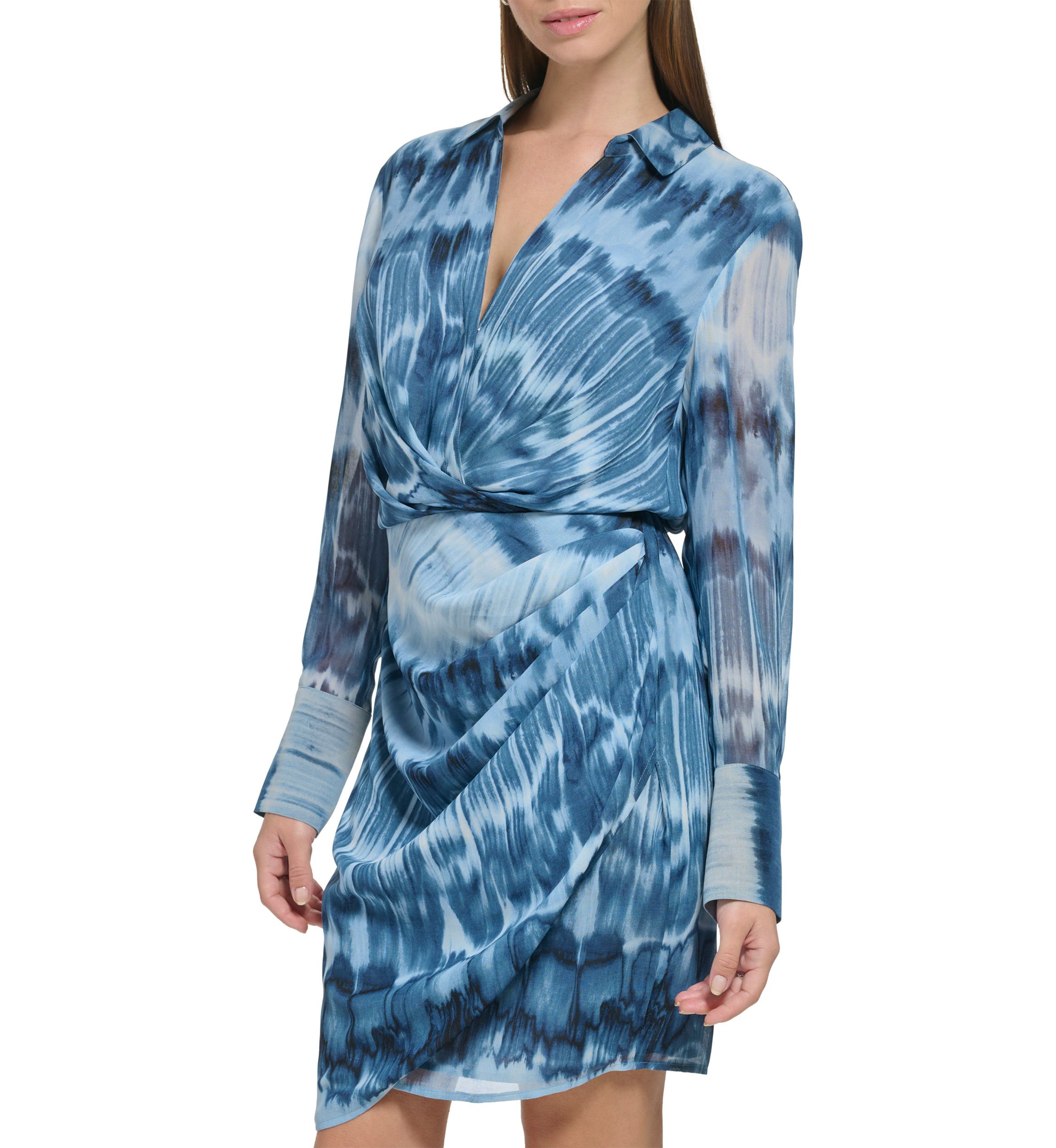 Womens Long Sleeve Printed Chiffon Twist Front Dress