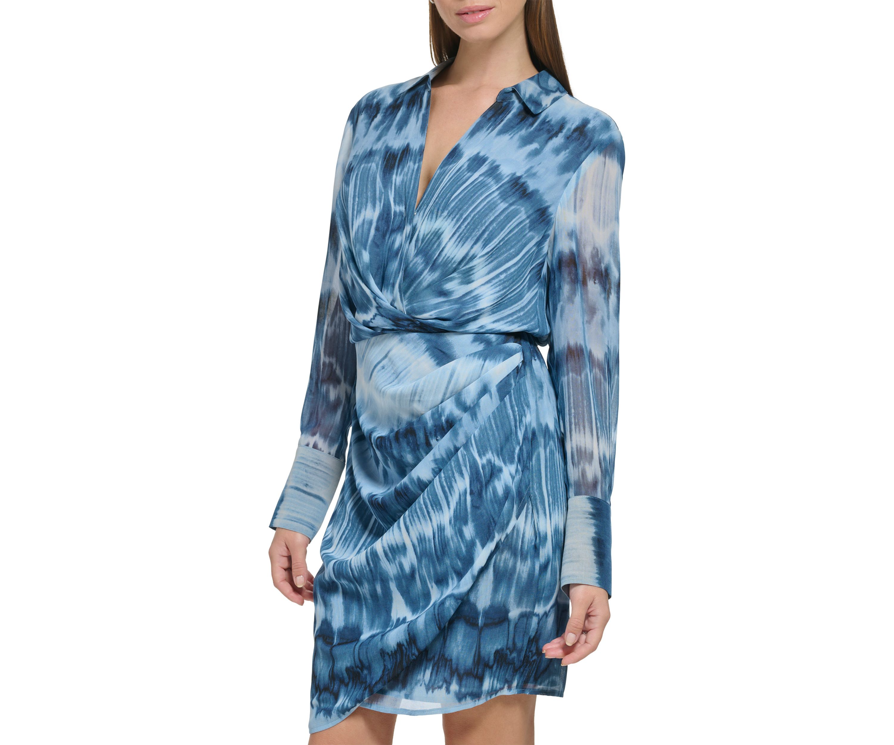 Womens Long Sleeve Printed Chiffon Twist Front Dress