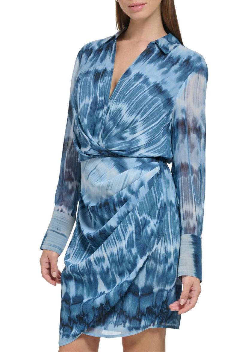 Womens Long Sleeve Printed Chiffon Twist Front Dress