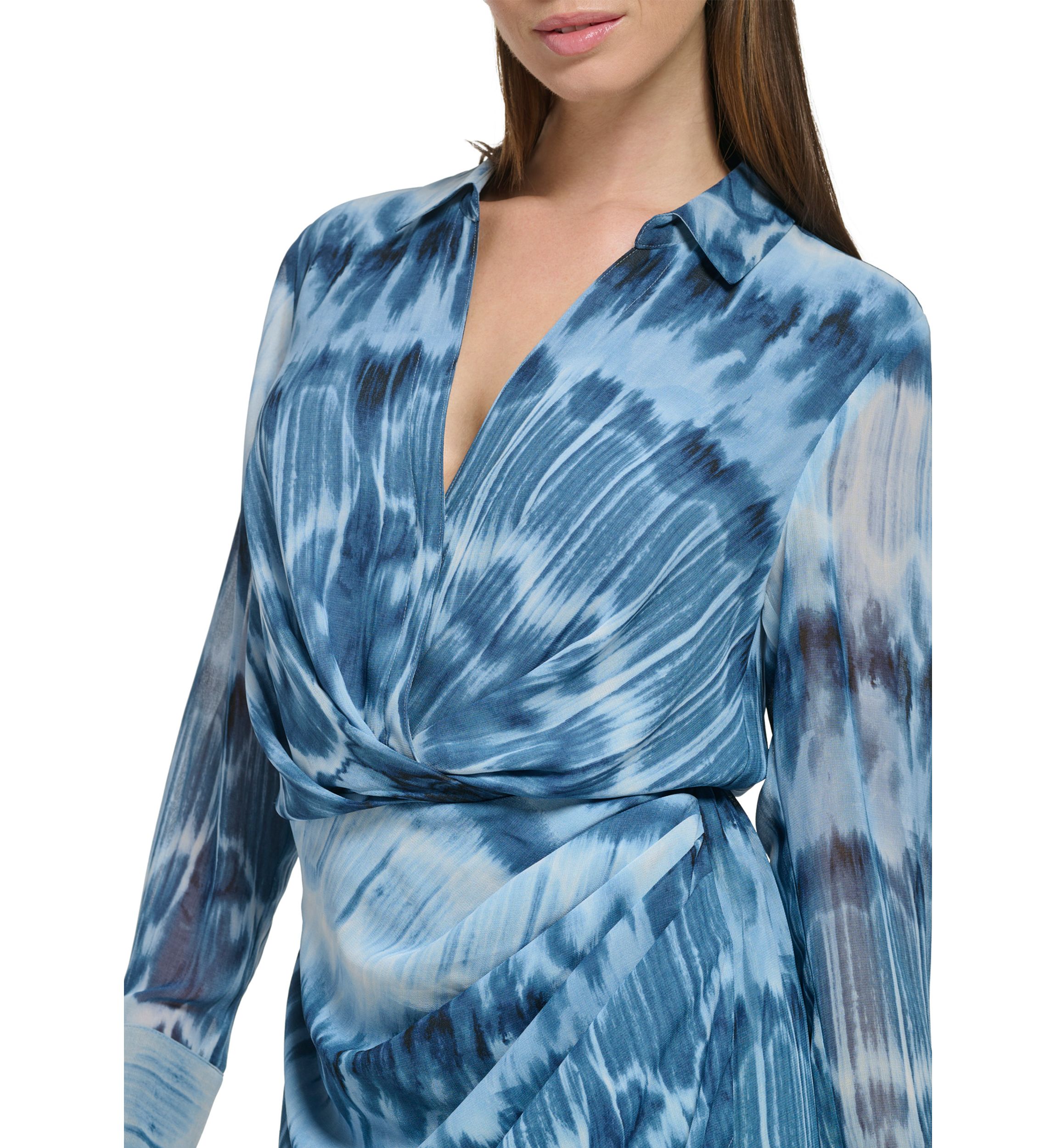 Womens Long Sleeve Printed Chiffon Twist Front Dress