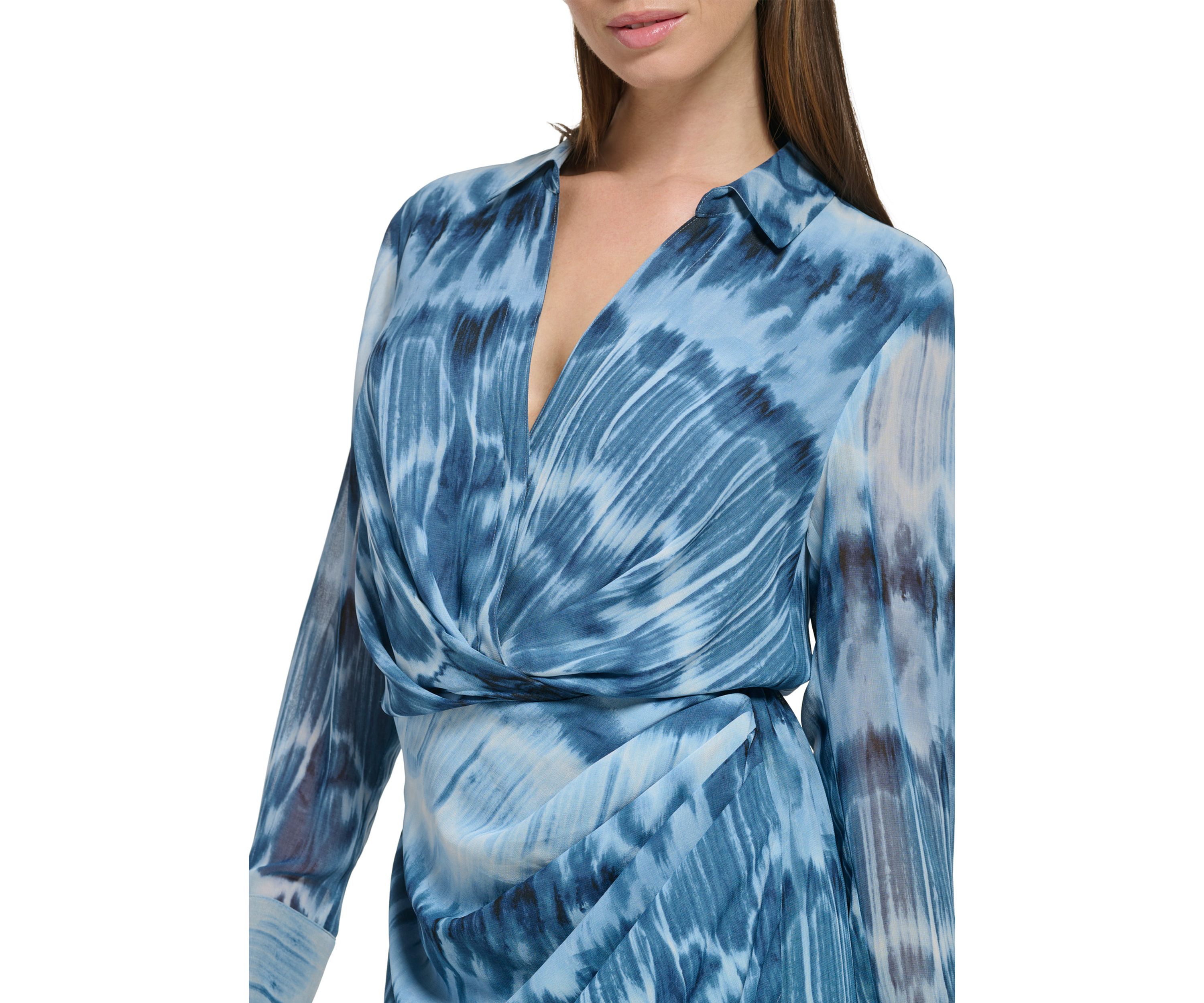 Womens Long Sleeve Printed Chiffon Twist Front Dress