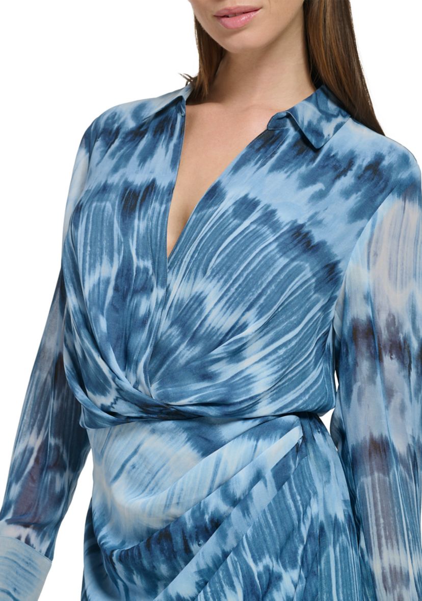 Womens Long Sleeve Printed Chiffon Twist Front Dress