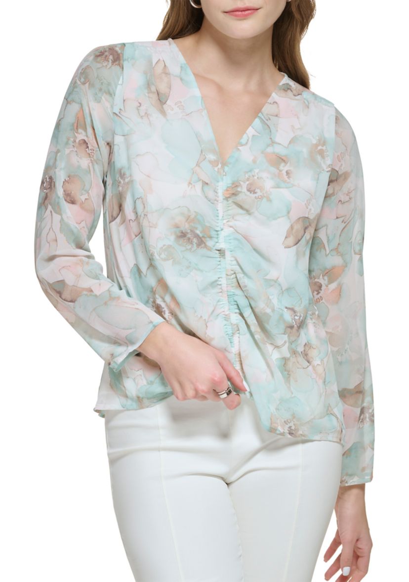 Womens Blouson Sleeve V-Neck Printed Blouse