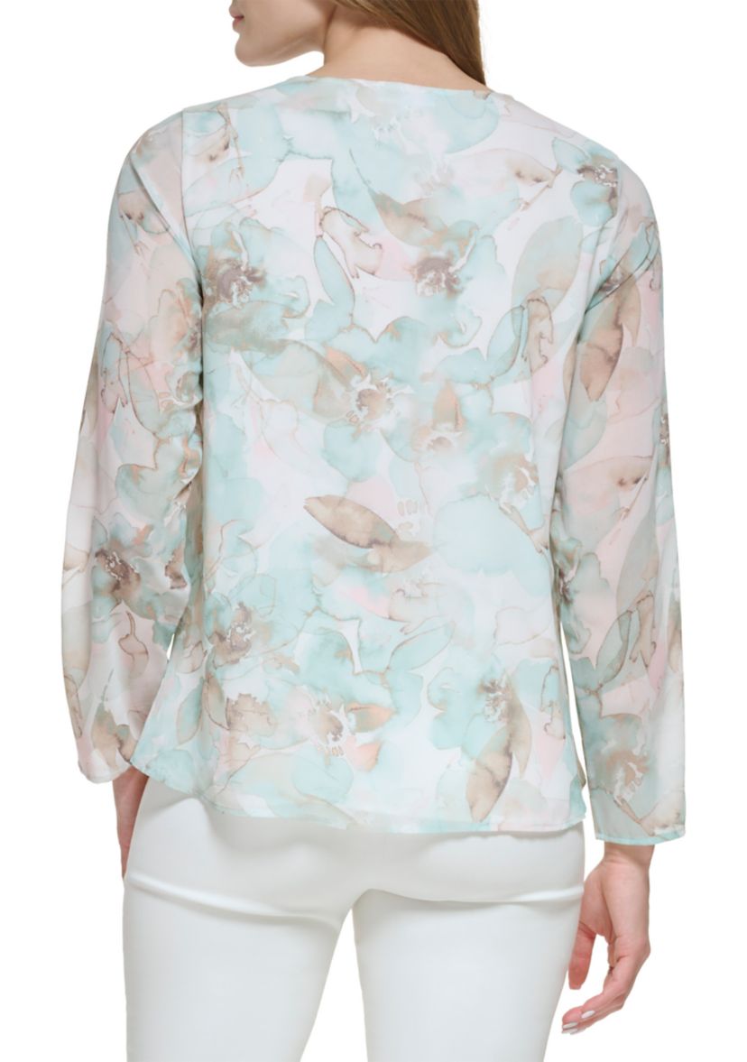 Womens Blouson Sleeve V-Neck Printed Blouse
