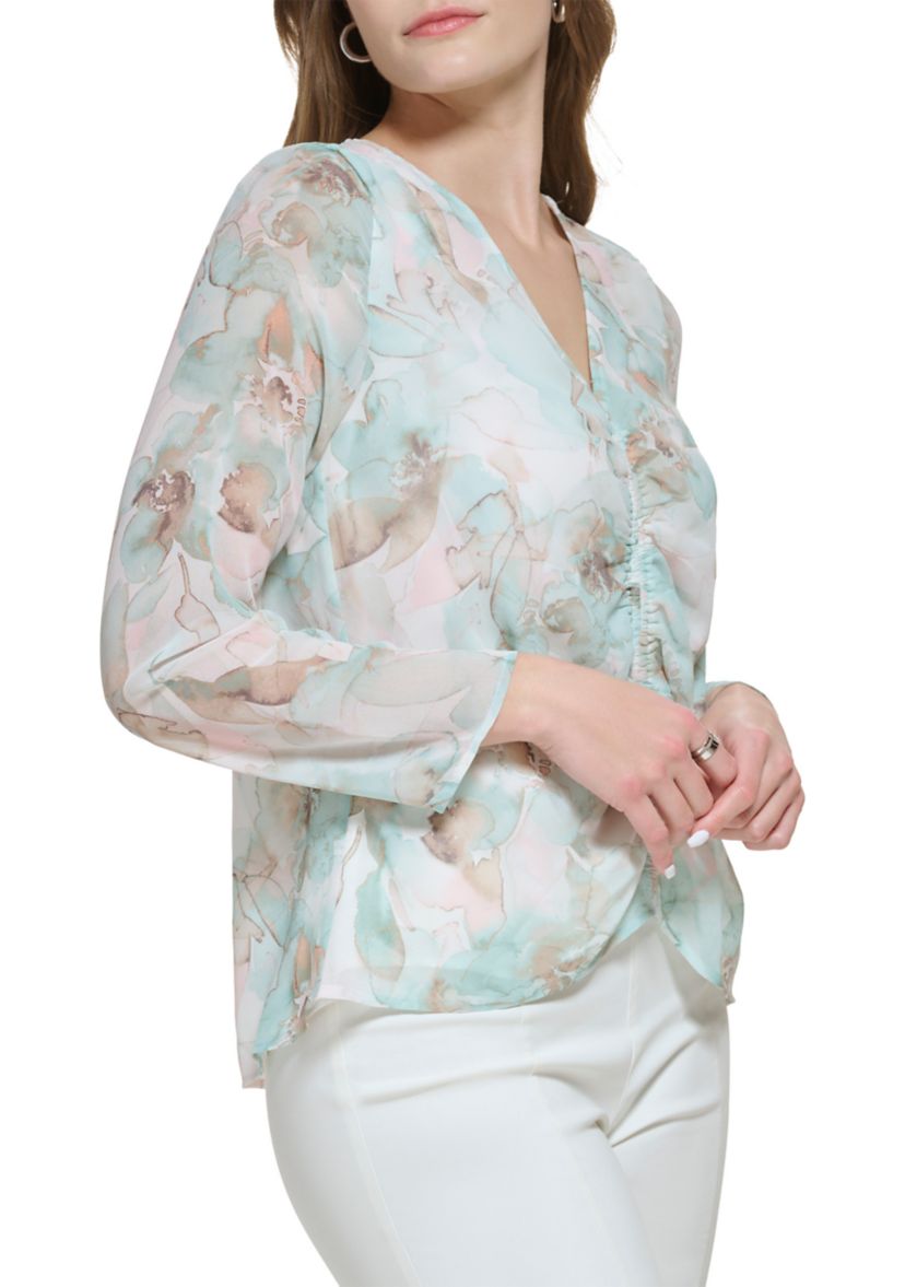 Womens Blouson Sleeve V-Neck Printed Blouse