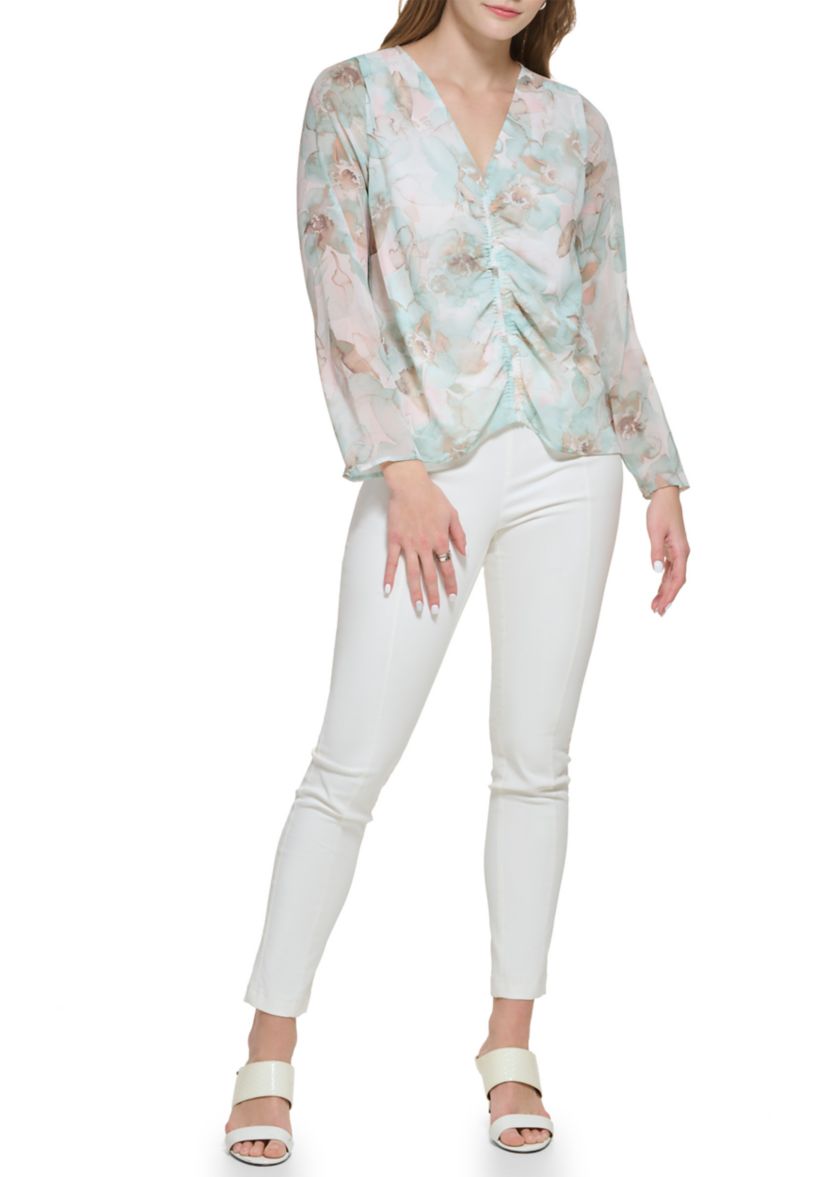Womens Blouson Sleeve V-Neck Printed Blouse